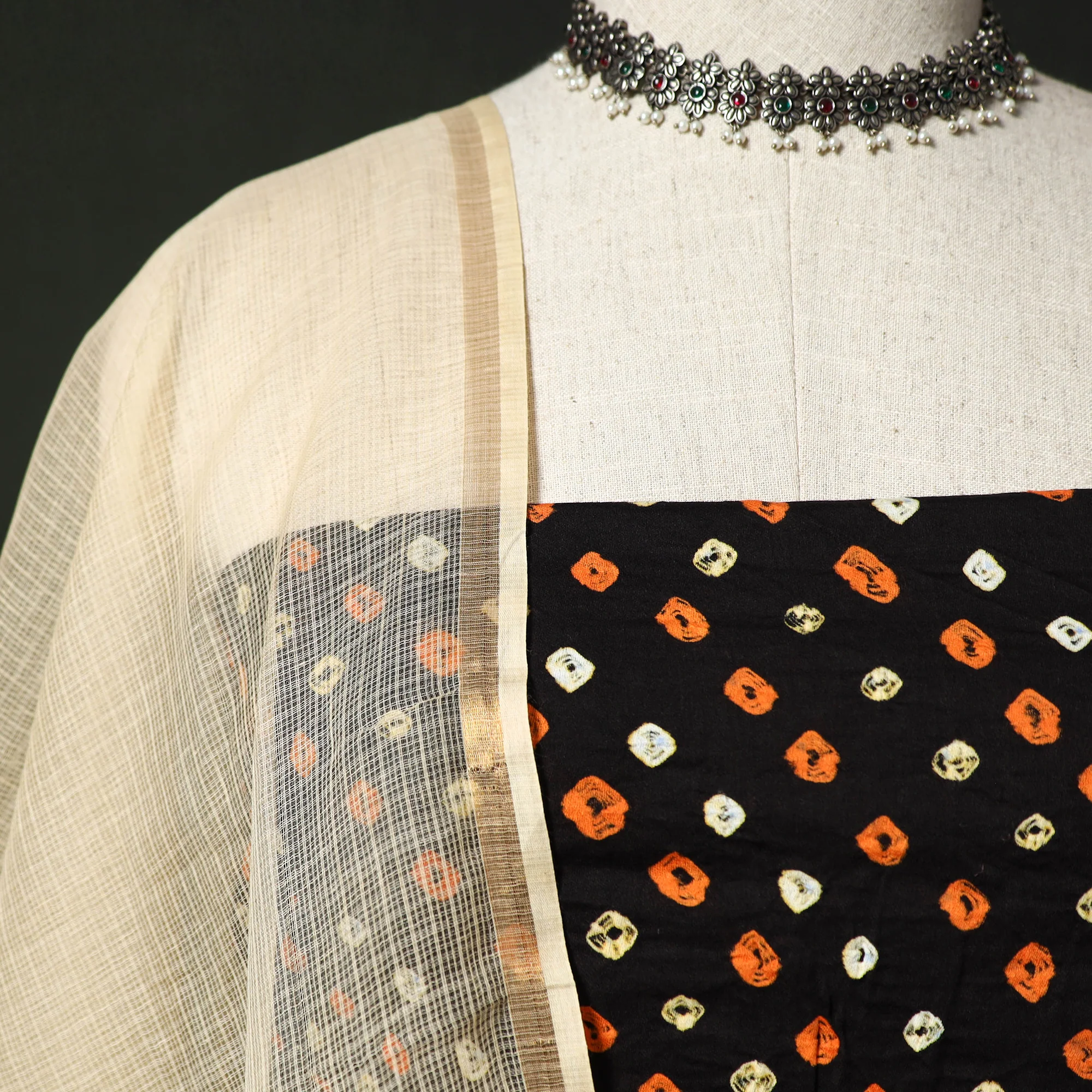 Kutch Bandhani Tie-Dye Cotton 2pc Unstitched Dress Material Kurta Set with Earrings 30 - Image 3