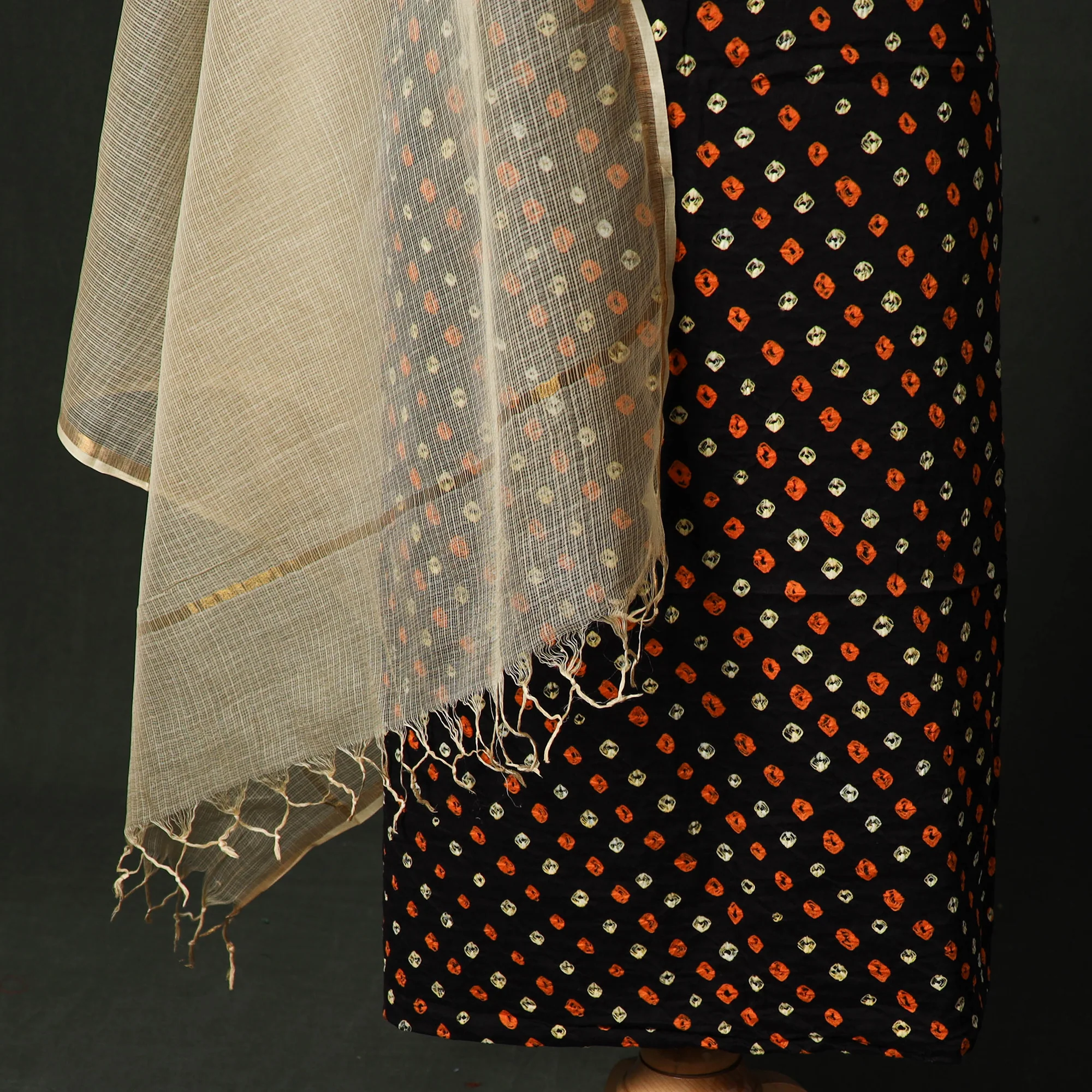 Kutch Bandhani Tie-Dye Cotton 2pc Unstitched Dress Material Kurta Set with Earrings 30 - Image 4