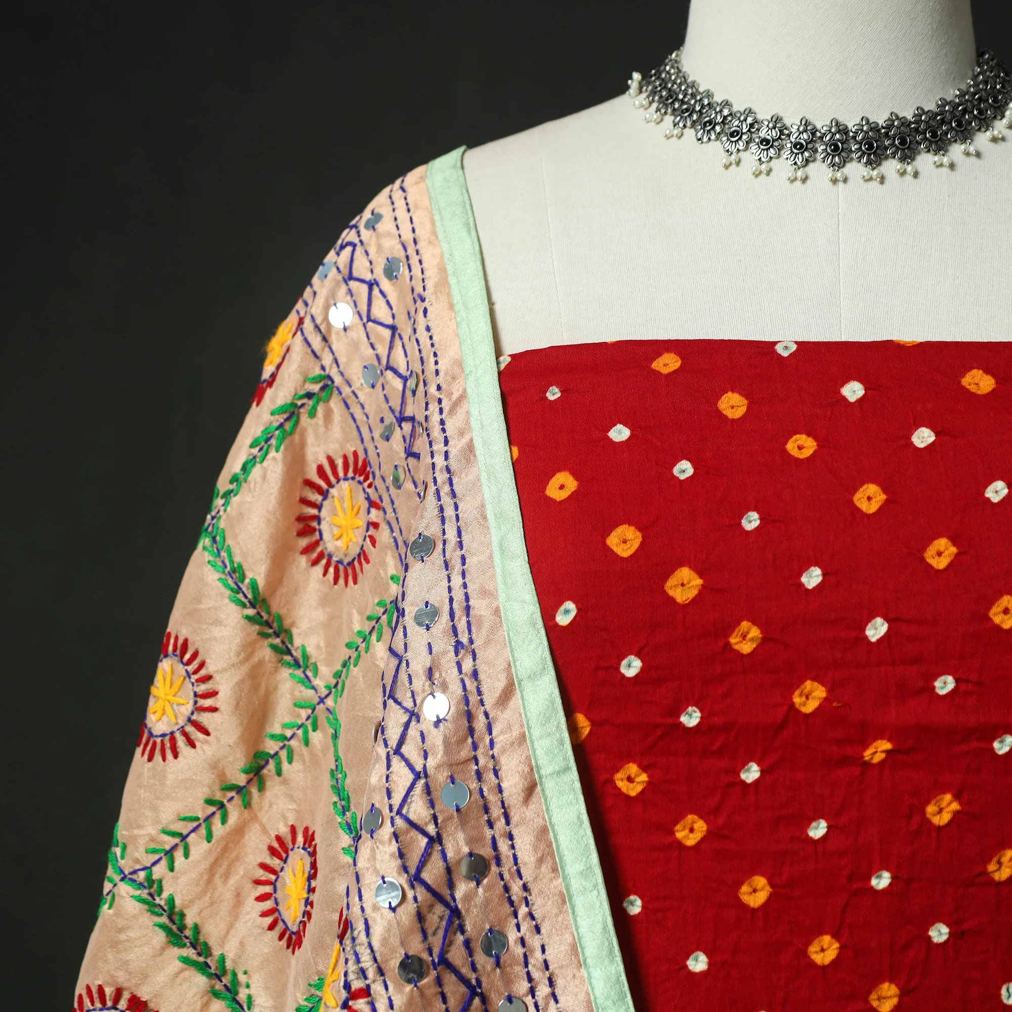 Red - Kutch Bandhani Tie-Dye Cotton 2pc Unstitched Dress Material Kurta Set with Earrings 31 - Image 3