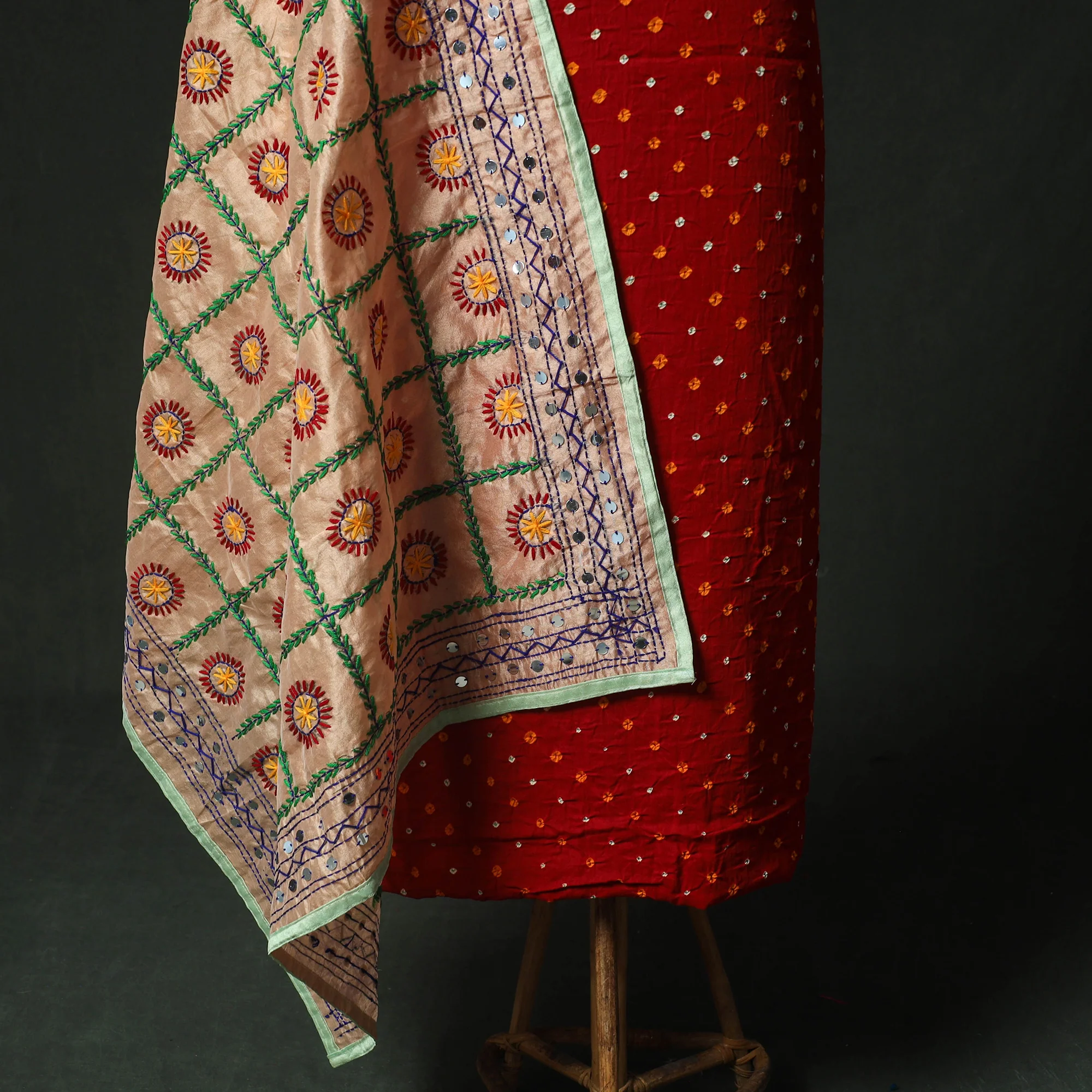 Red - Kutch Bandhani Tie-Dye Cotton 2pc Unstitched Dress Material Kurta Set with Earrings 31 - Image 4