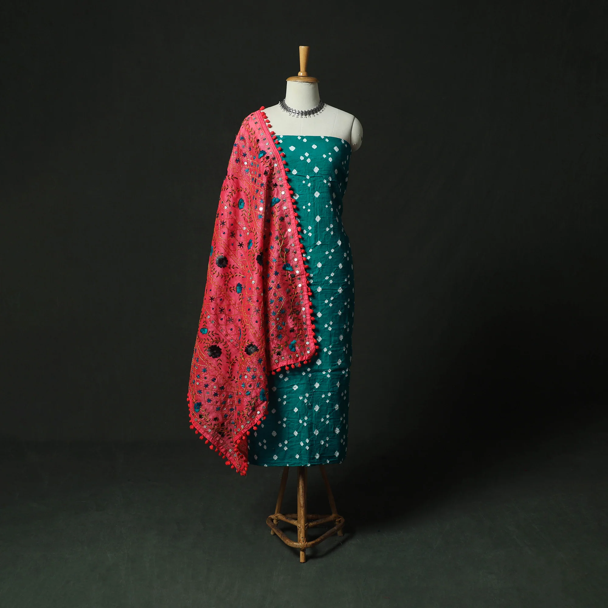 Green - Kutch Bandhani Tie-Dye Cotton 2pc Unstitched Dress Material Kurta Set with Earrings 32
