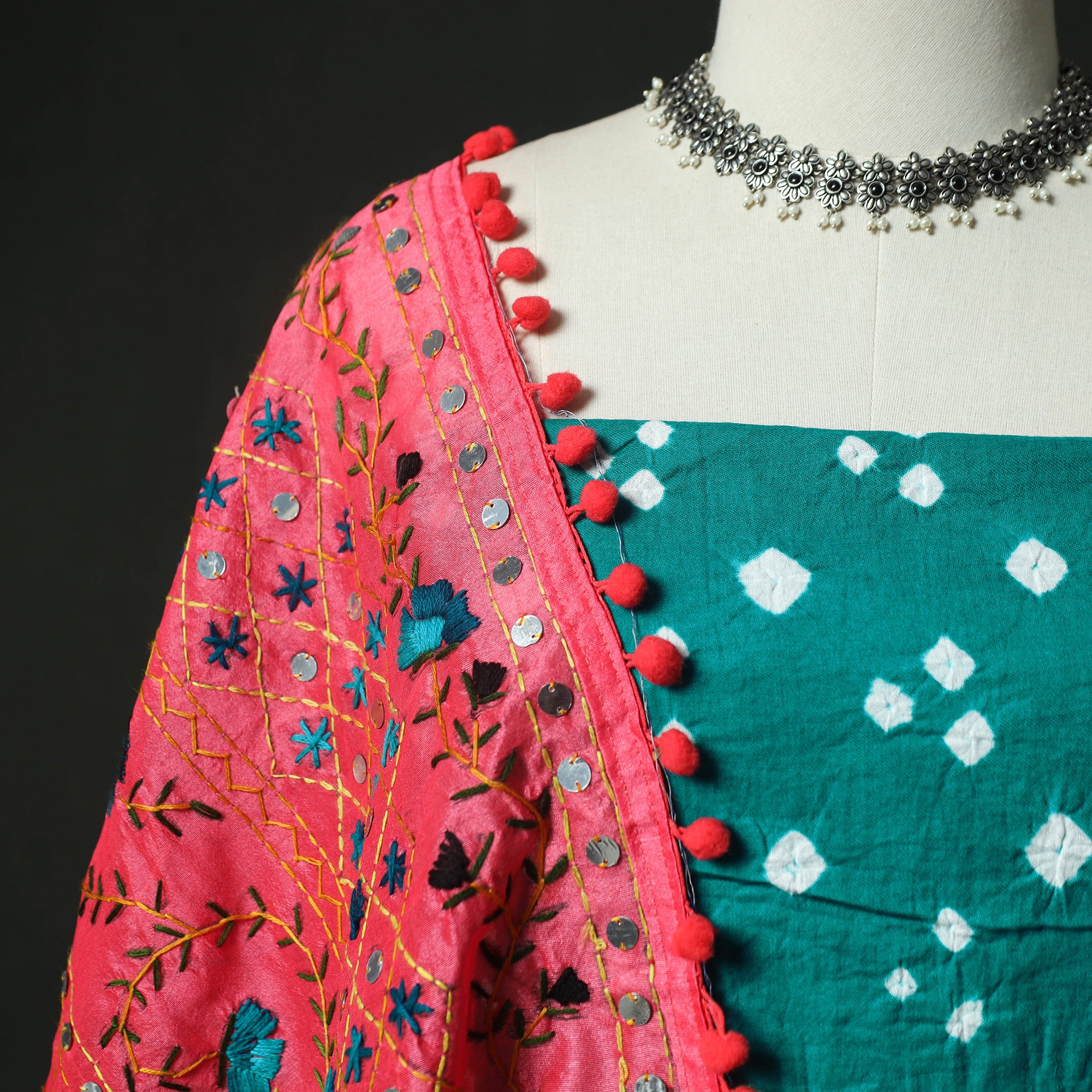 Green - Kutch Bandhani Tie-Dye Cotton 2pc Unstitched Dress Material Kurta Set with Earrings 32 - Image 3