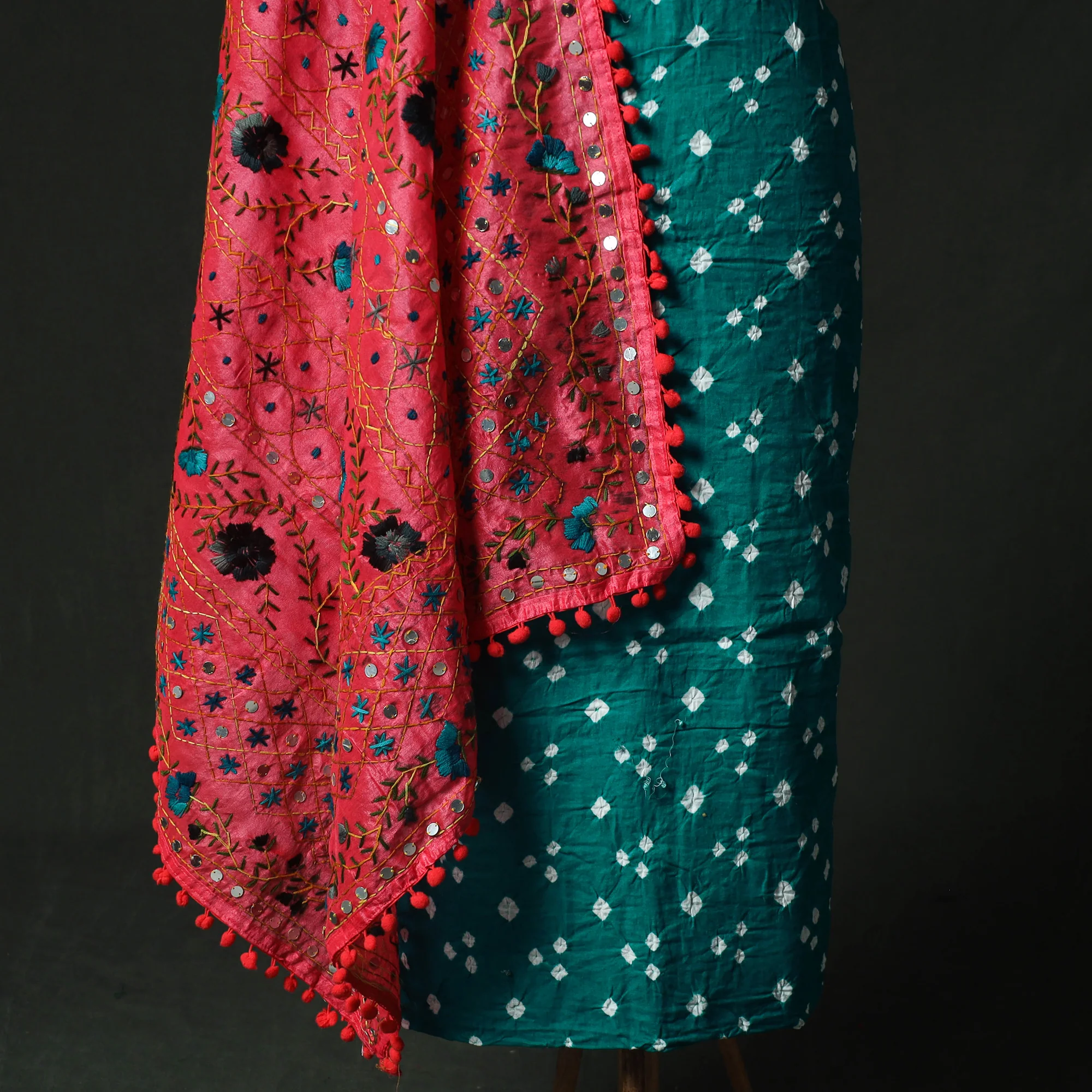 Green - Kutch Bandhani Tie-Dye Cotton 2pc Unstitched Dress Material Kurta Set with Earrings 32 - Image 4