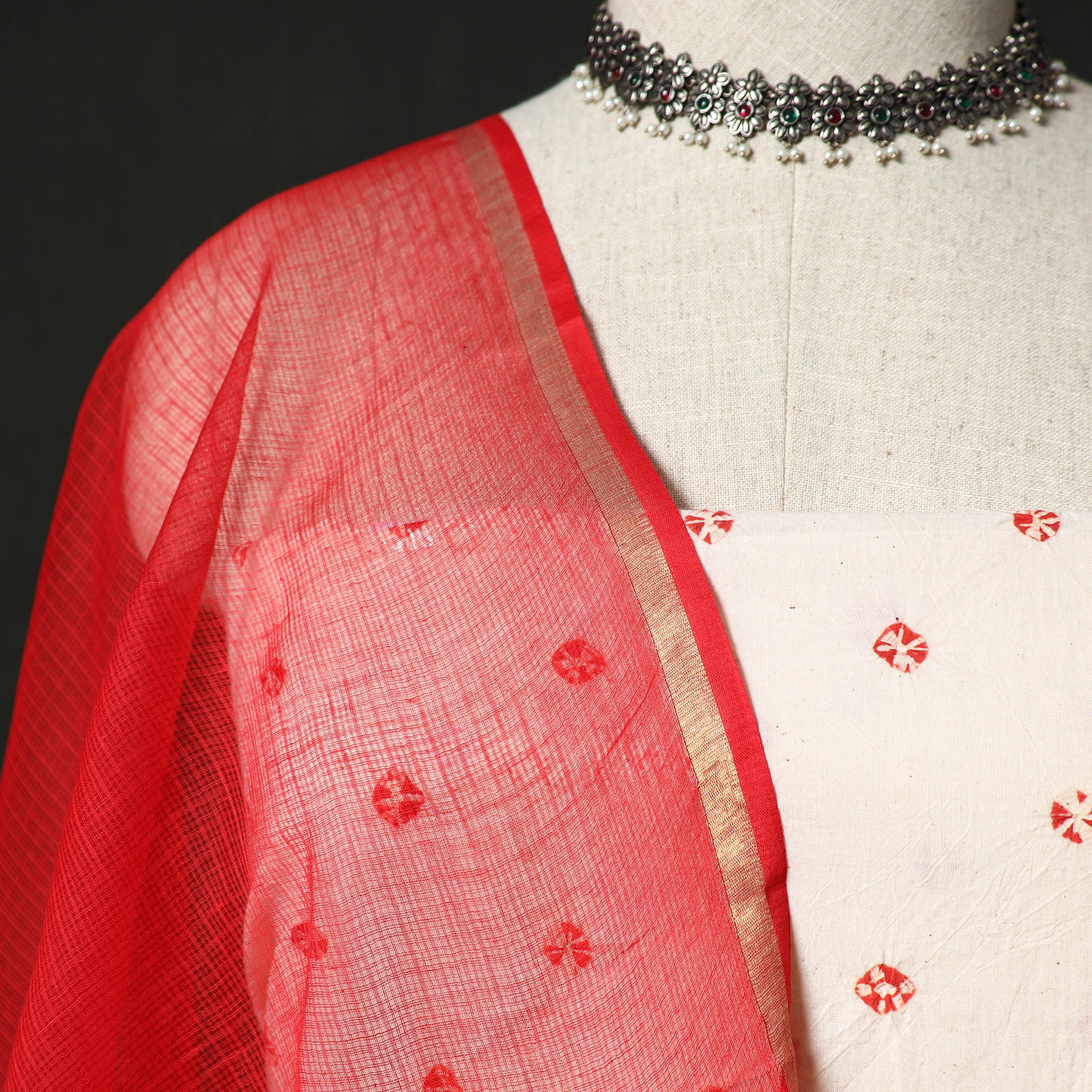 Kutch Bandhani Tie-Dye Cotton 2pc Unstitched Dress Material Kurta Set with Earrings 32 - Image 3