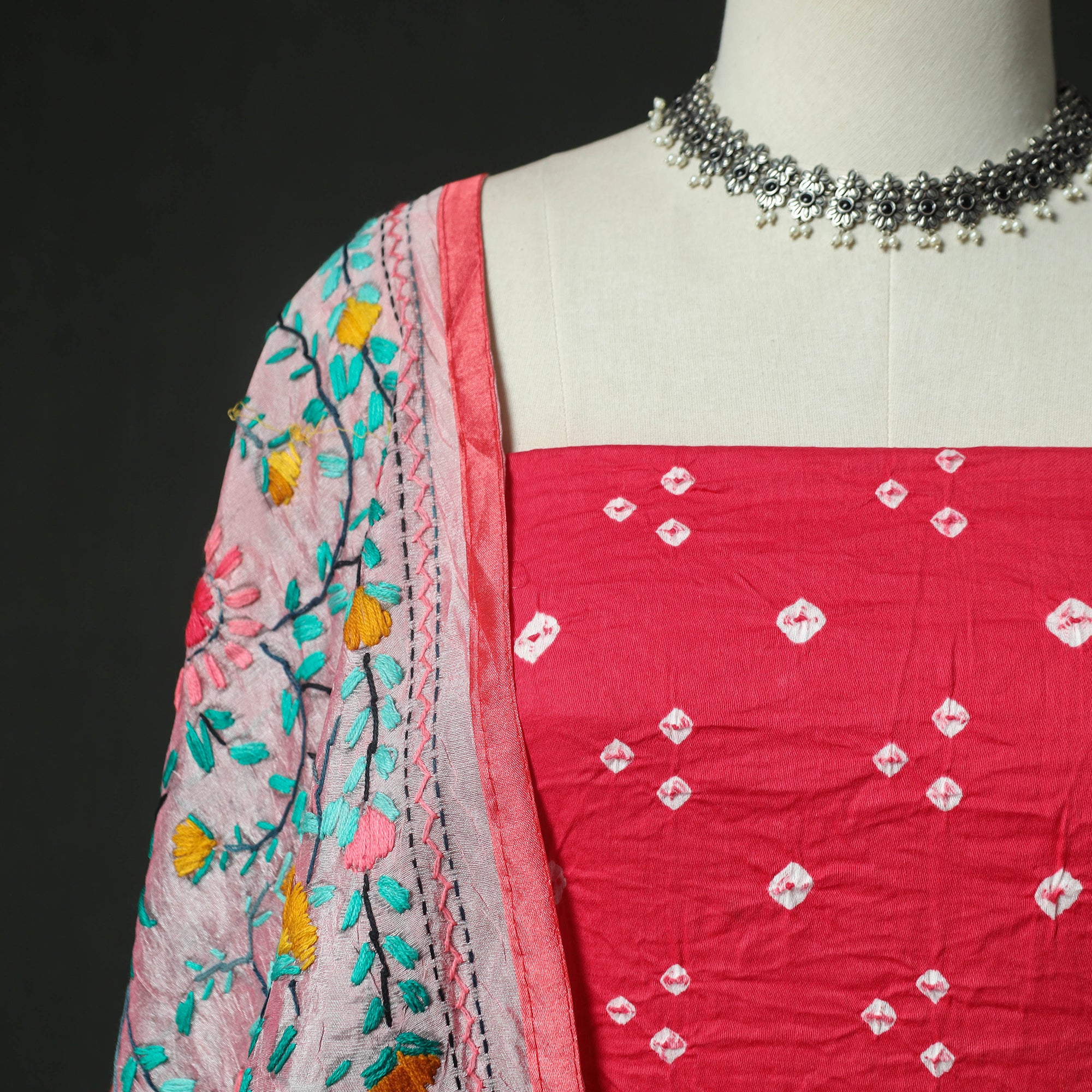 Pink - Kutch Bandhani Tie-Dye Cotton 2pc Unstitched Dress Material Kurta Set with Earrings 33 - Image 3
