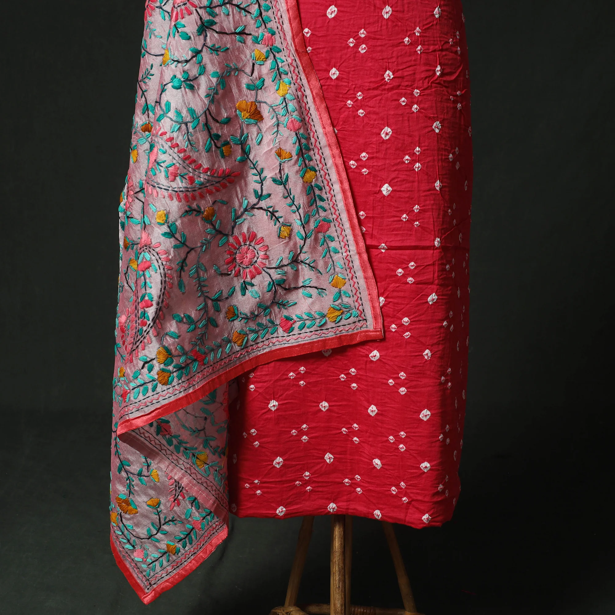 Pink - Kutch Bandhani Tie-Dye Cotton 2pc Unstitched Dress Material Kurta Set with Earrings 33 - Image 4