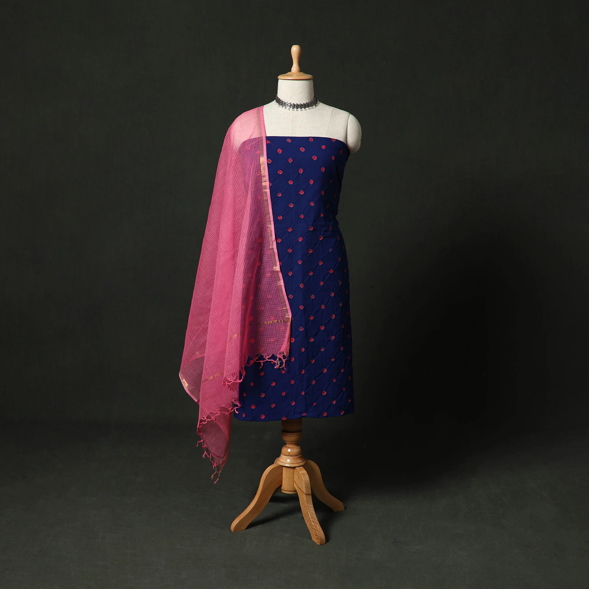 Kutch Bandhani Tie-Dye Cotton 2pc Unstitched Dress Material Kurta Set with Earrings 33