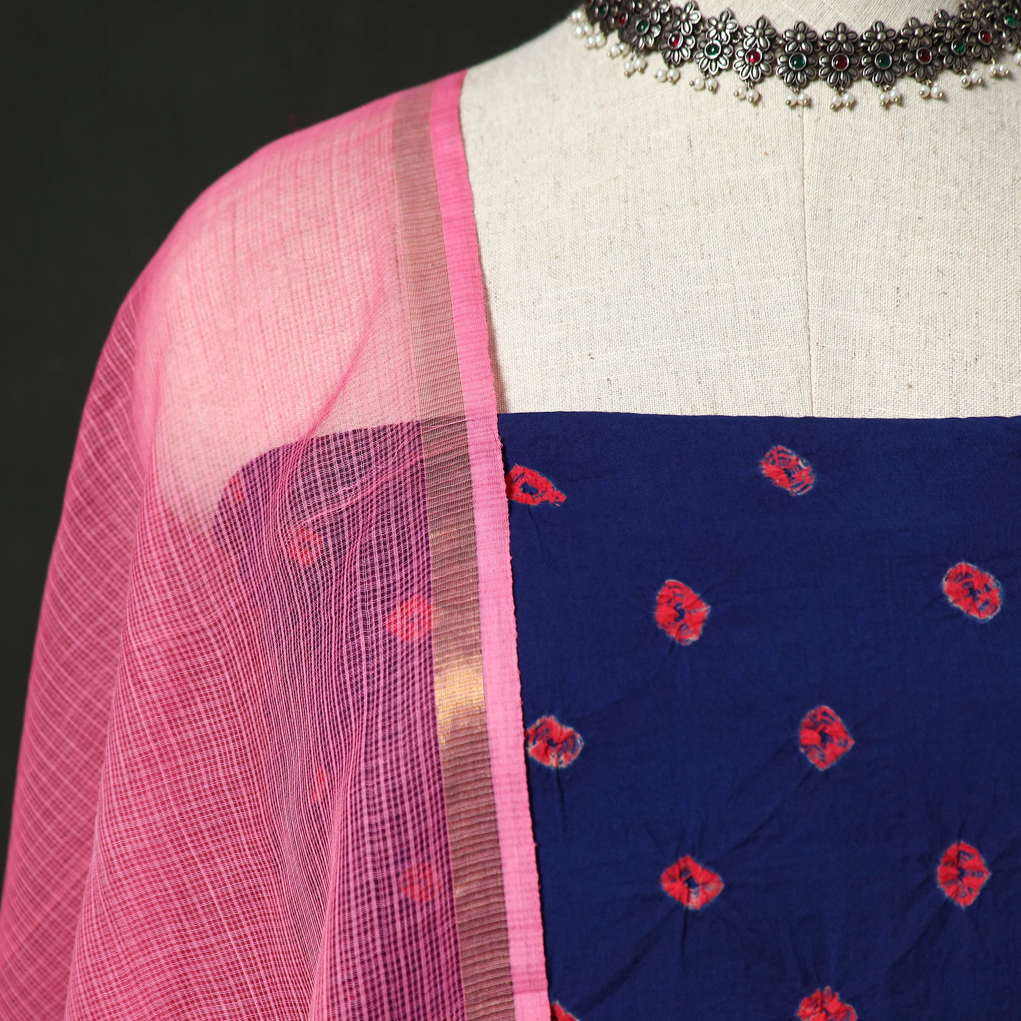 Kutch Bandhani Tie-Dye Cotton 2pc Unstitched Dress Material Kurta Set with Earrings 33 - Image 3