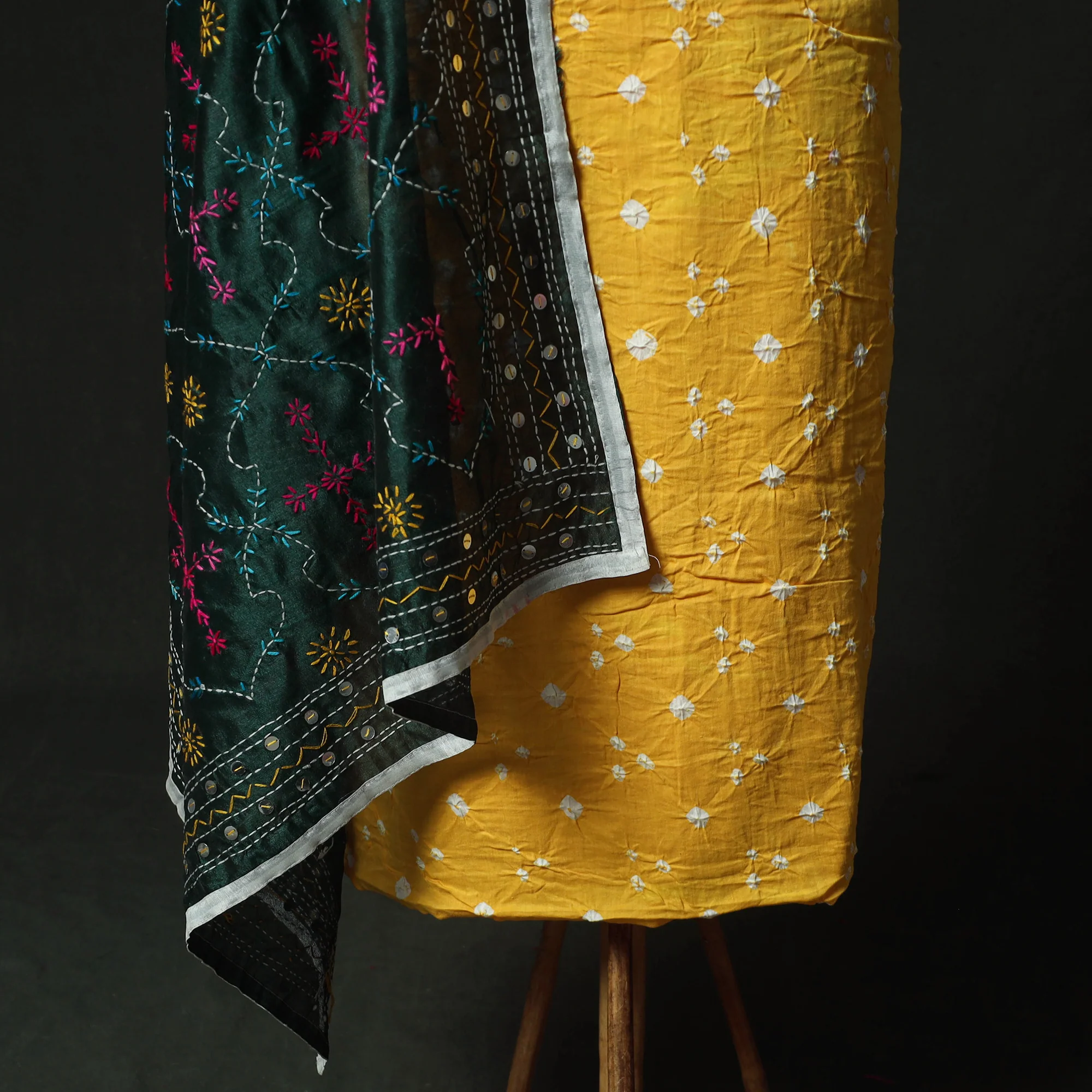 Yellow - Kutch Bandhani Tie-Dye Cotton 2pc Unstitched Dress Material Kurta Set with Earrings 34 - Image 4