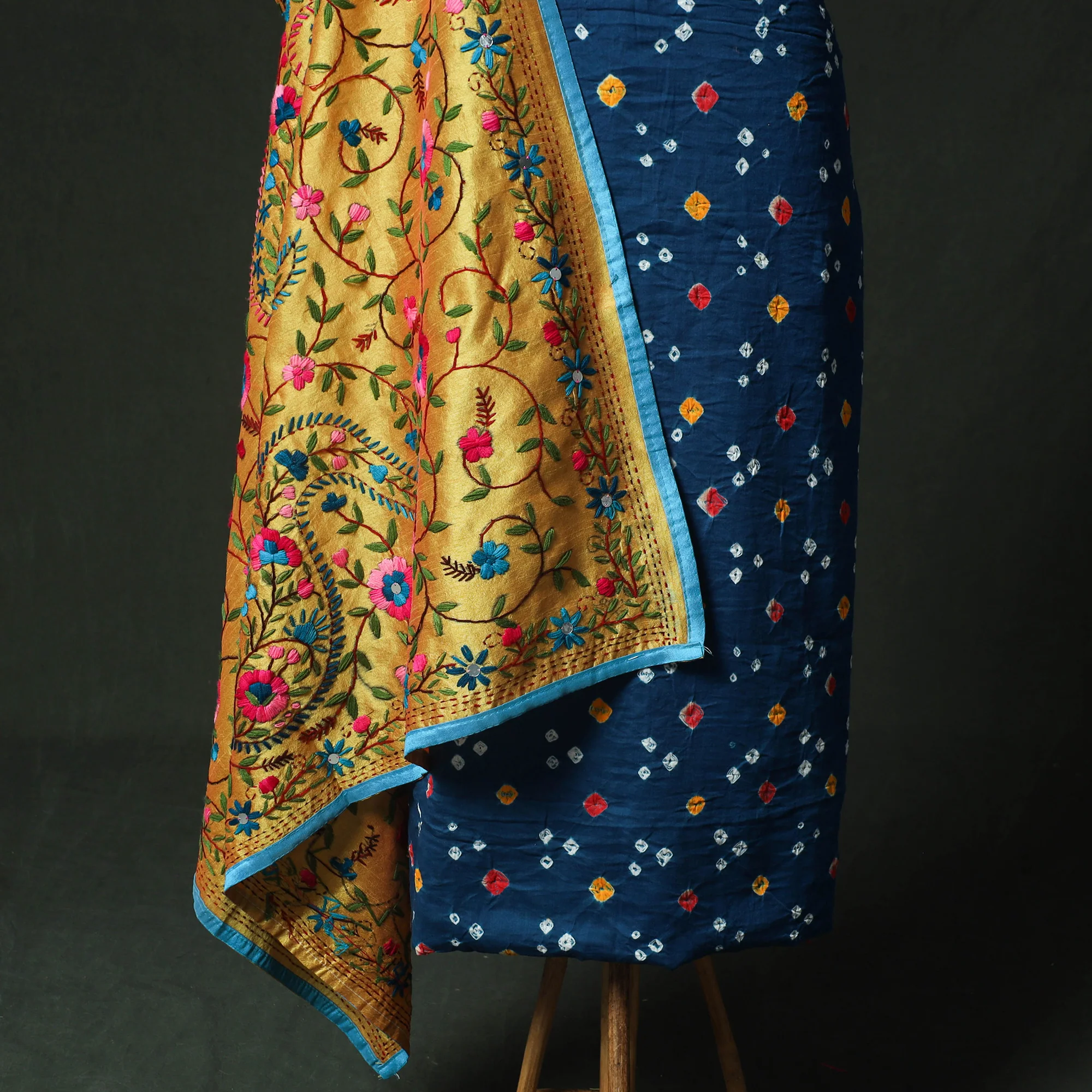 Blue - Kutch Bandhani Tie-Dye Cotton 2pc Unstitched Dress Material Kurta Set with Earrings 35 - Image 4
