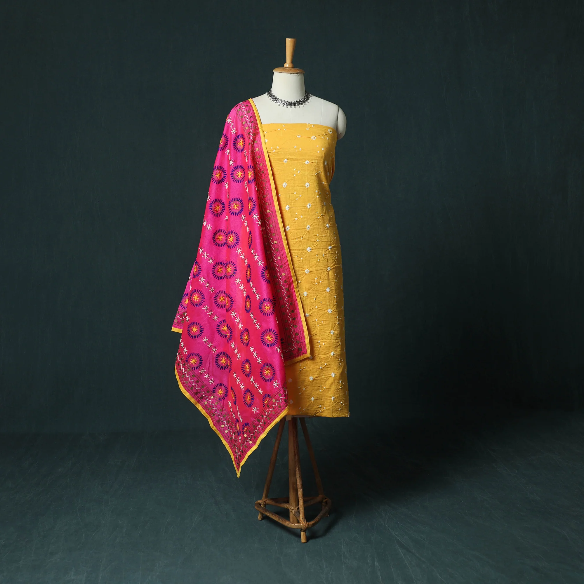 Yellow - Kutch Bandhani Tie-Dye Cotton 2pc Unstitched Dress Material Kurta Set with Earrings 36