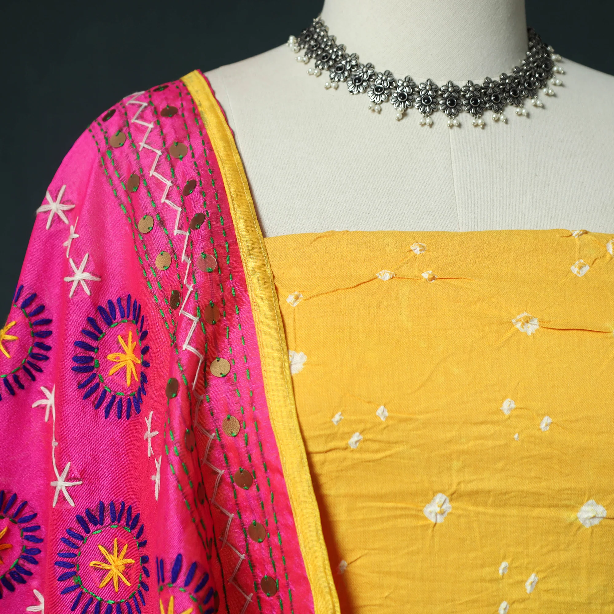 Yellow - Kutch Bandhani Tie-Dye Cotton 2pc Unstitched Dress Material Kurta Set with Earrings 36 - Image 3