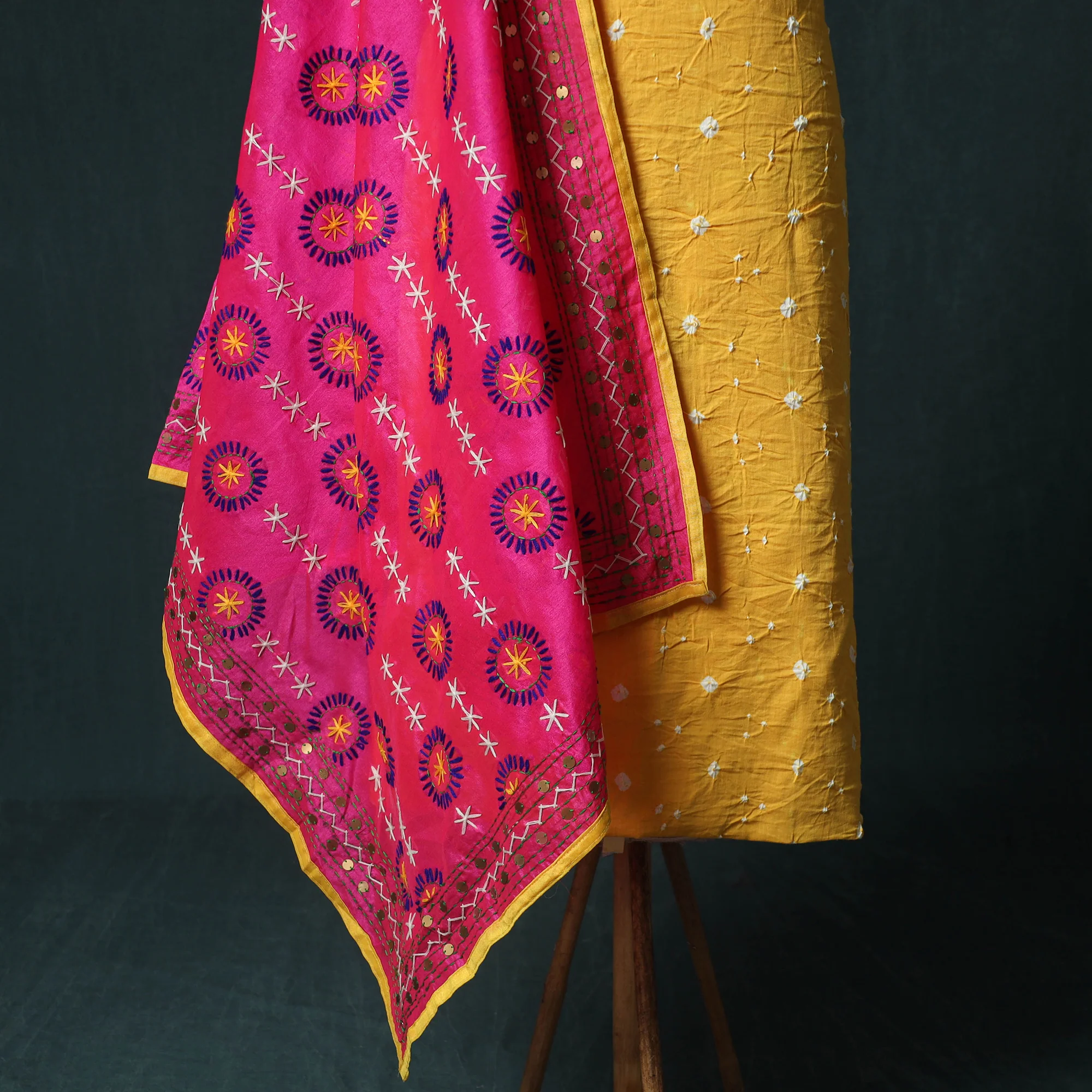 Yellow - Kutch Bandhani Tie-Dye Cotton 2pc Unstitched Dress Material Kurta Set with Earrings 36 - Image 4