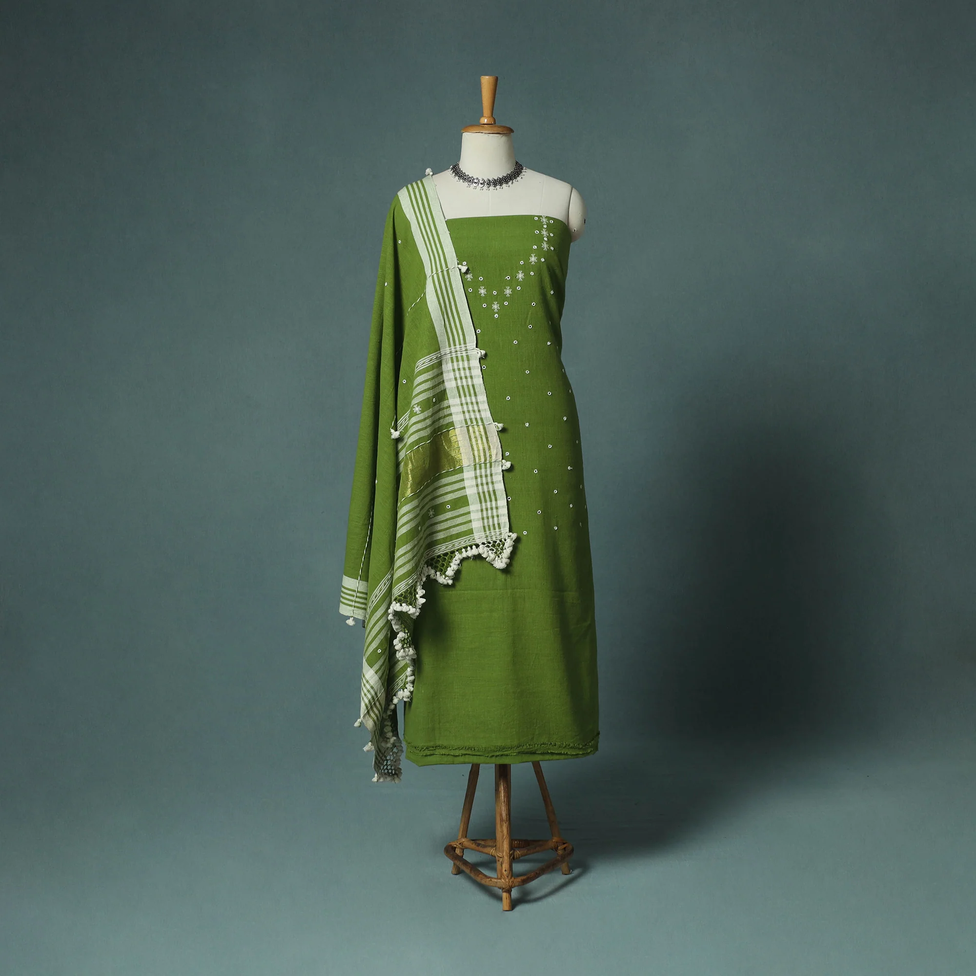 Kutch Bhujodi Handloom Kala Cotton 3pc Unstitched Dress Material Suit Set 01