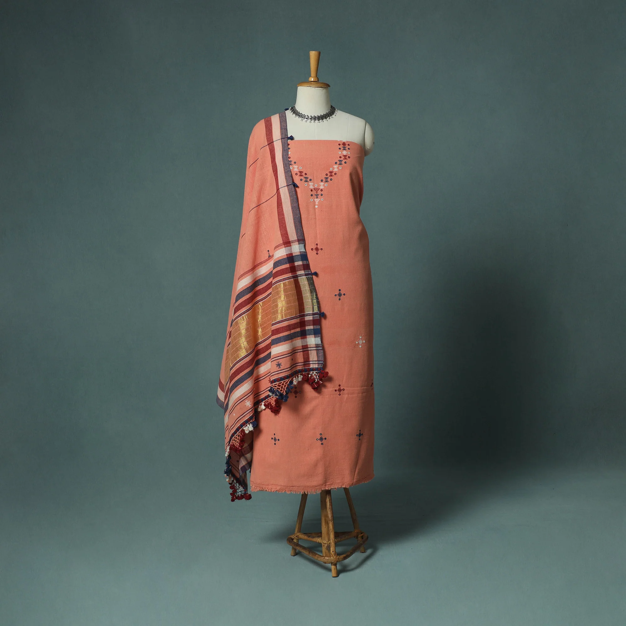Kutch Bhujodi Handloom Kala Cotton 3pc Unstitched Dress Material Suit Set 03