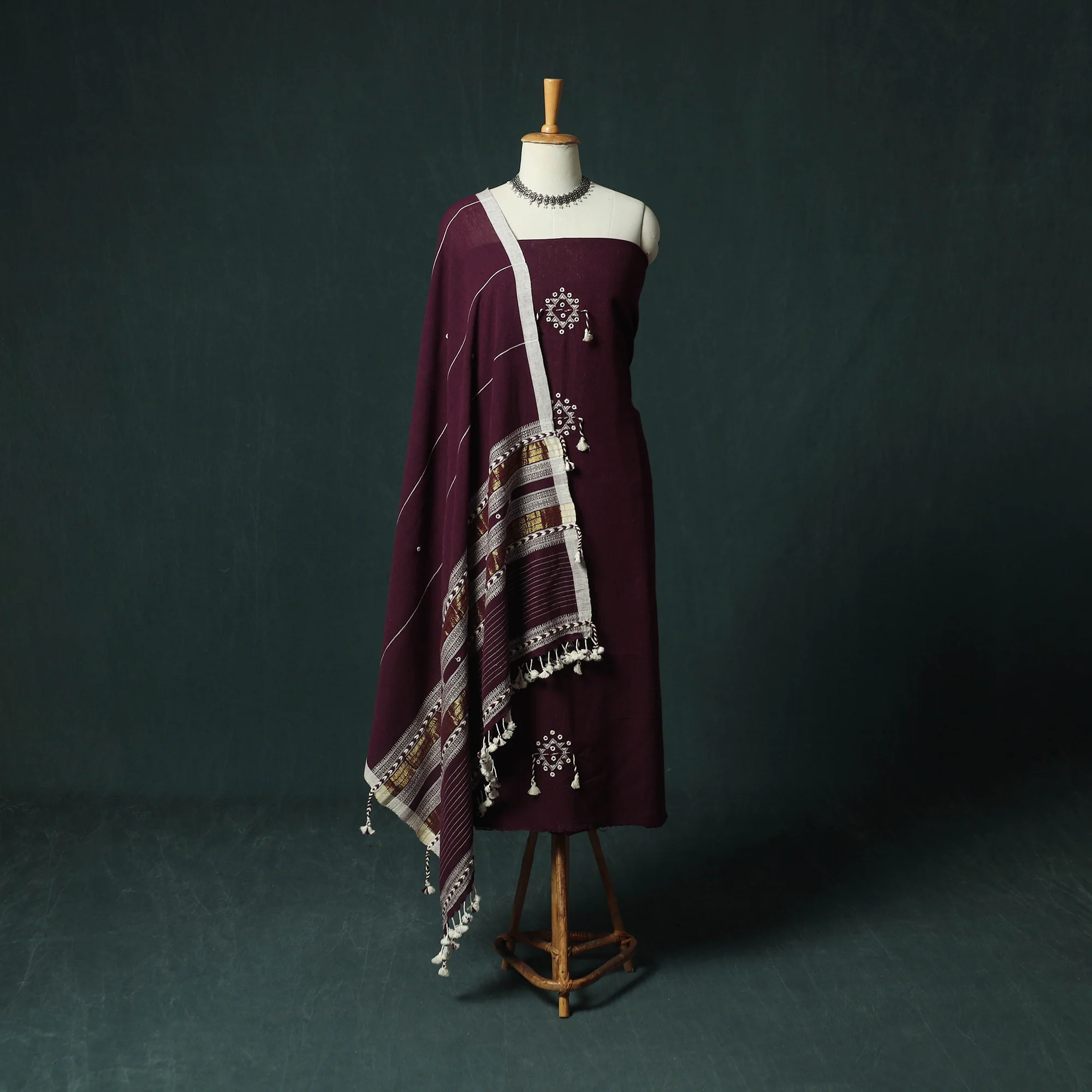 Purple - Kutch Bhujodi Handloom Kala Cotton 3pc Unstitched Dress Material Suit Set 05