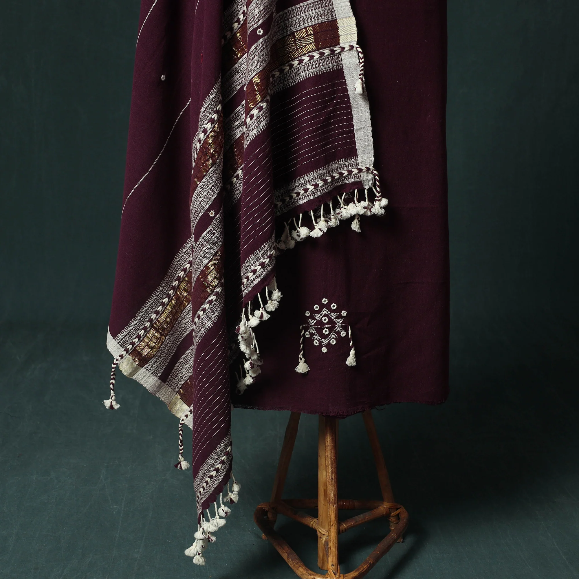 Purple - Kutch Bhujodi Handloom Kala Cotton 3pc Unstitched Dress Material Suit Set 05 - Image 4