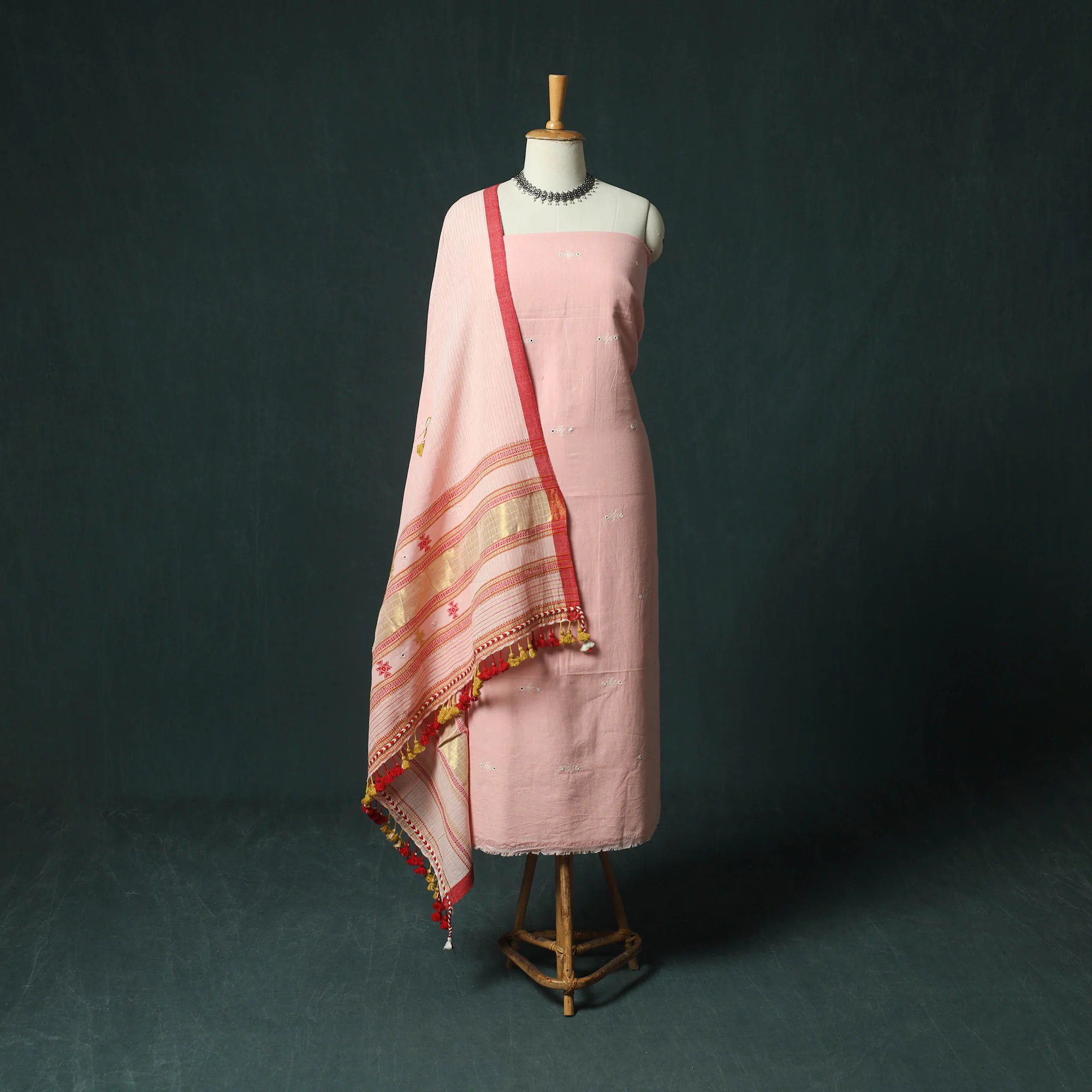 Pink - Kutch Bhujodi Handloom Kala Cotton 3pc Unstitched Dress Material Suit Set 06