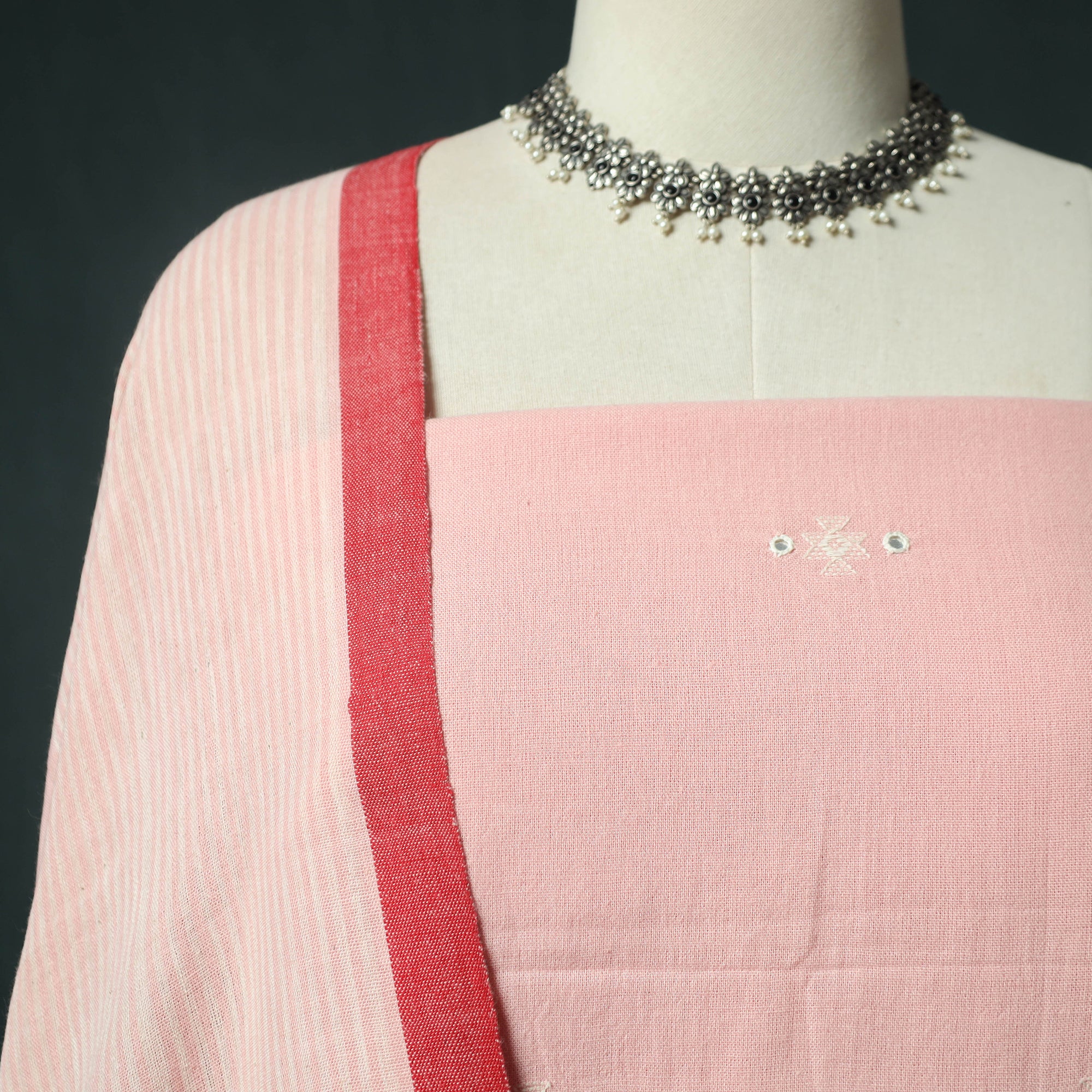 Pink - Kutch Bhujodi Handloom Kala Cotton 3pc Unstitched Dress Material Suit Set 06 - Image 3
