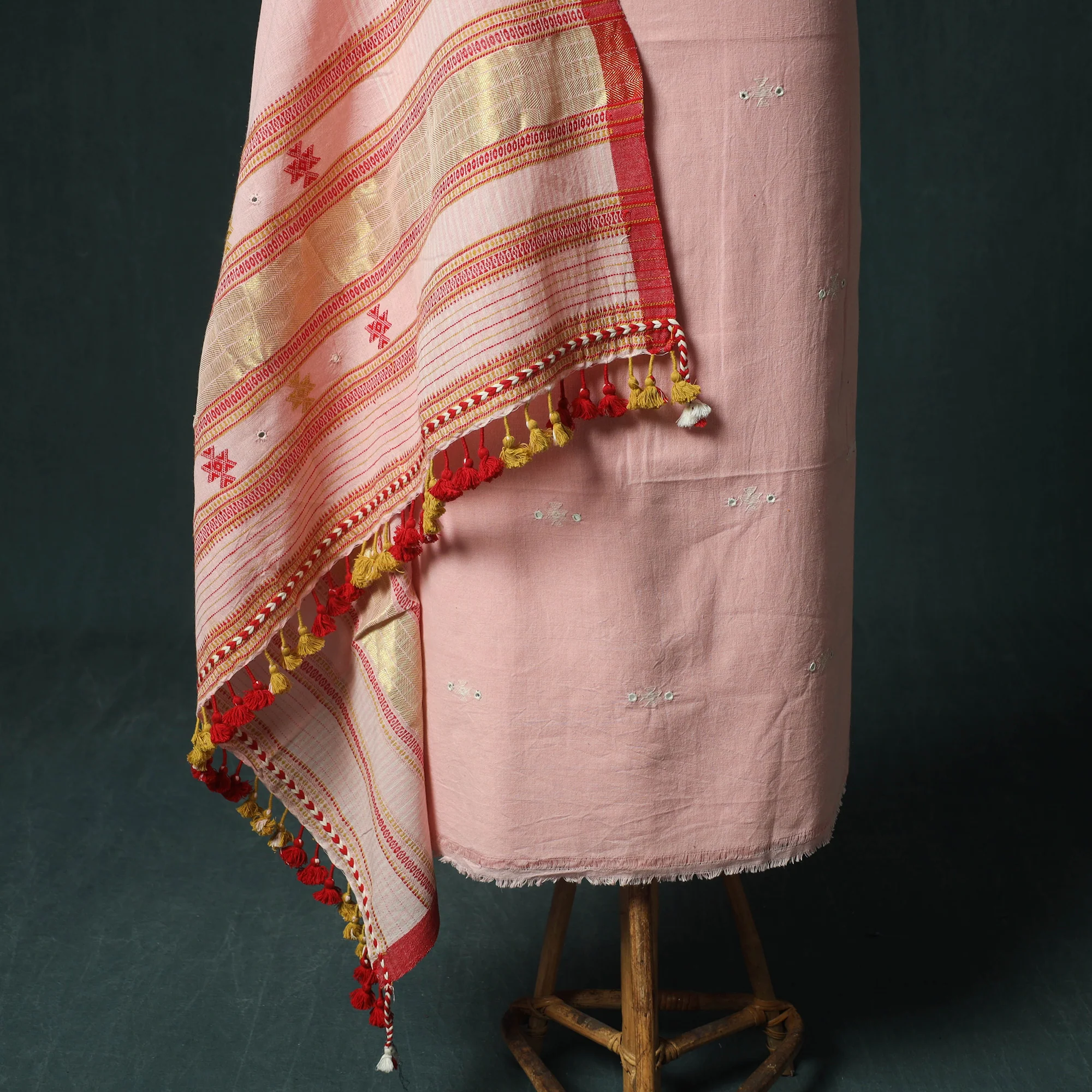 Pink - Kutch Bhujodi Handloom Kala Cotton 3pc Unstitched Dress Material Suit Set 06 - Image 4