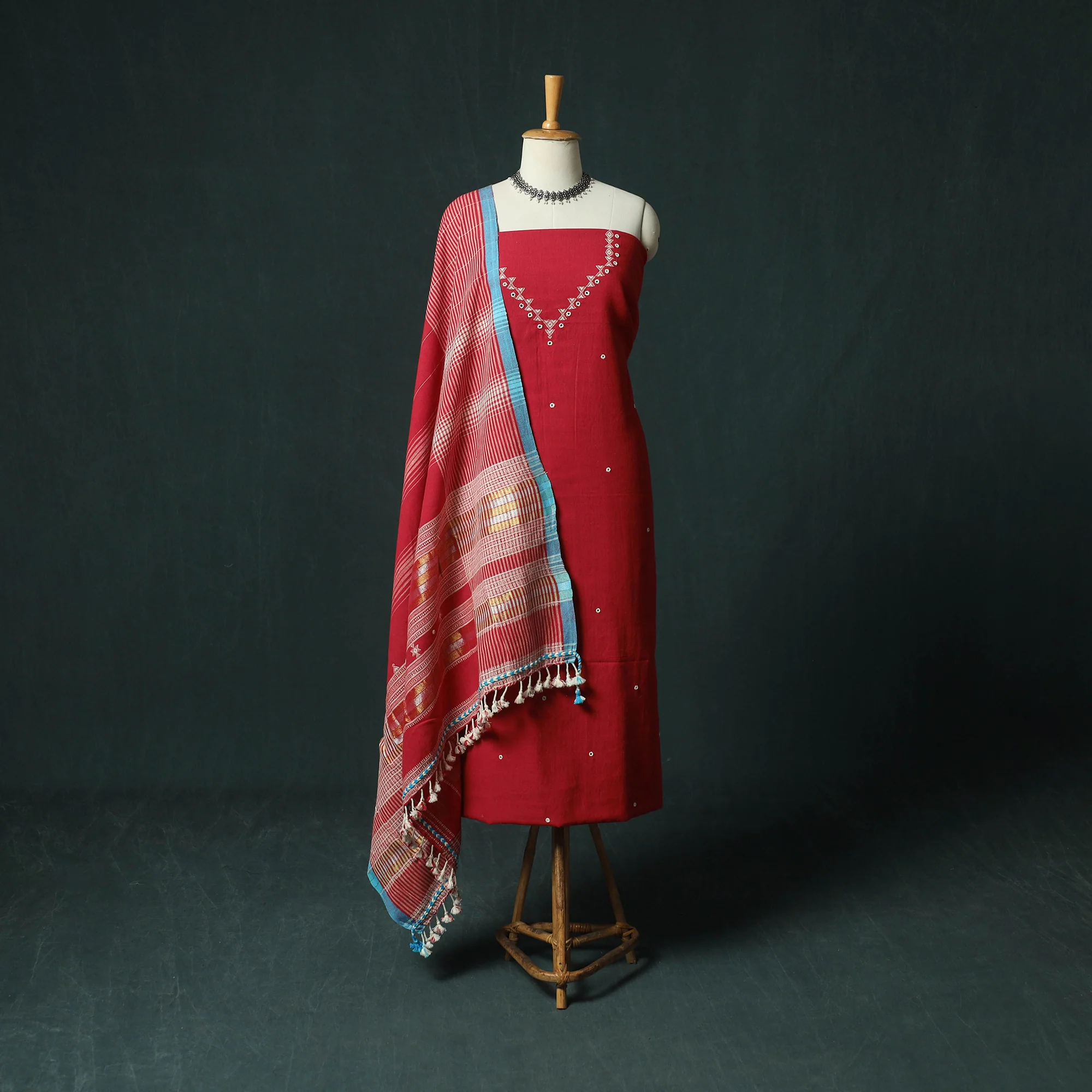 Red - Kutch Bhujodi Handloom Kala Cotton 3pc Unstitched Dress Material Suit Set 07