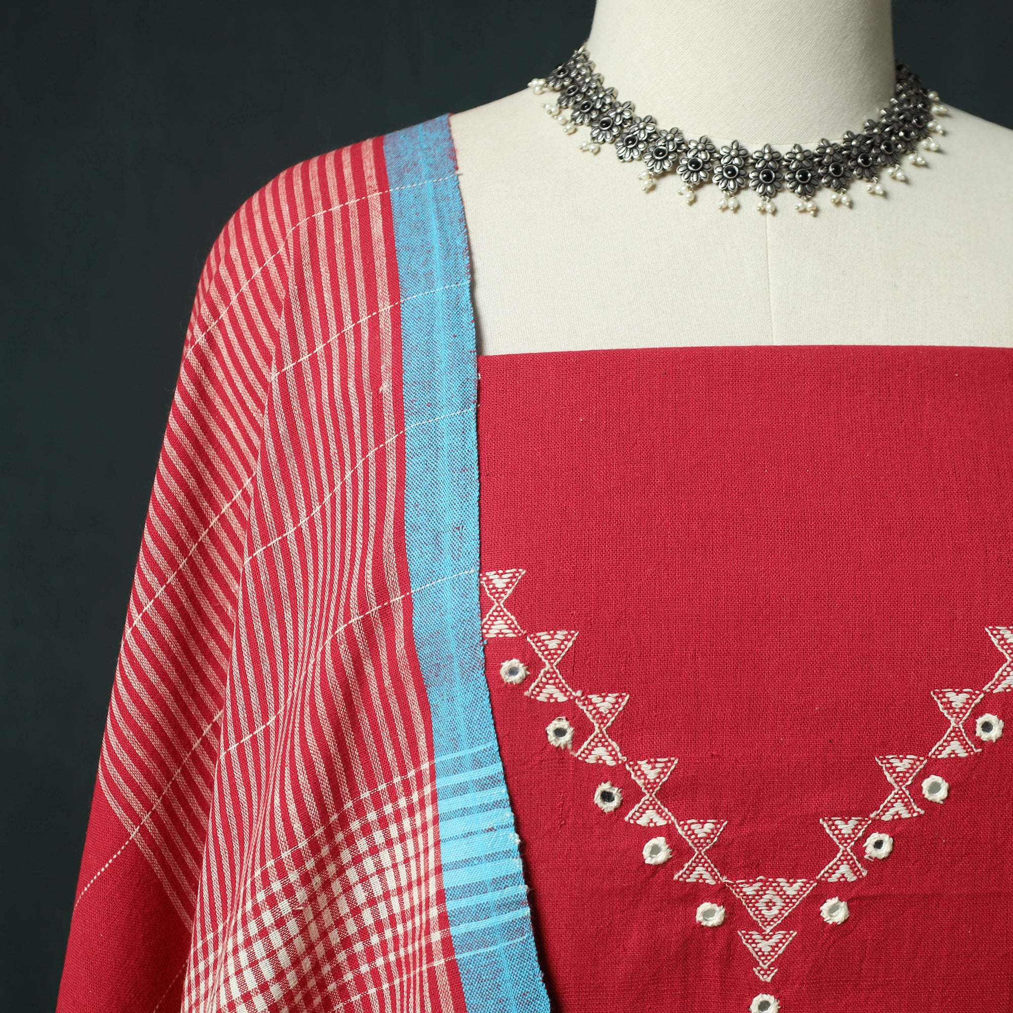 Red - Kutch Bhujodi Handloom Kala Cotton 3pc Unstitched Dress Material Suit Set 07 - Image 3