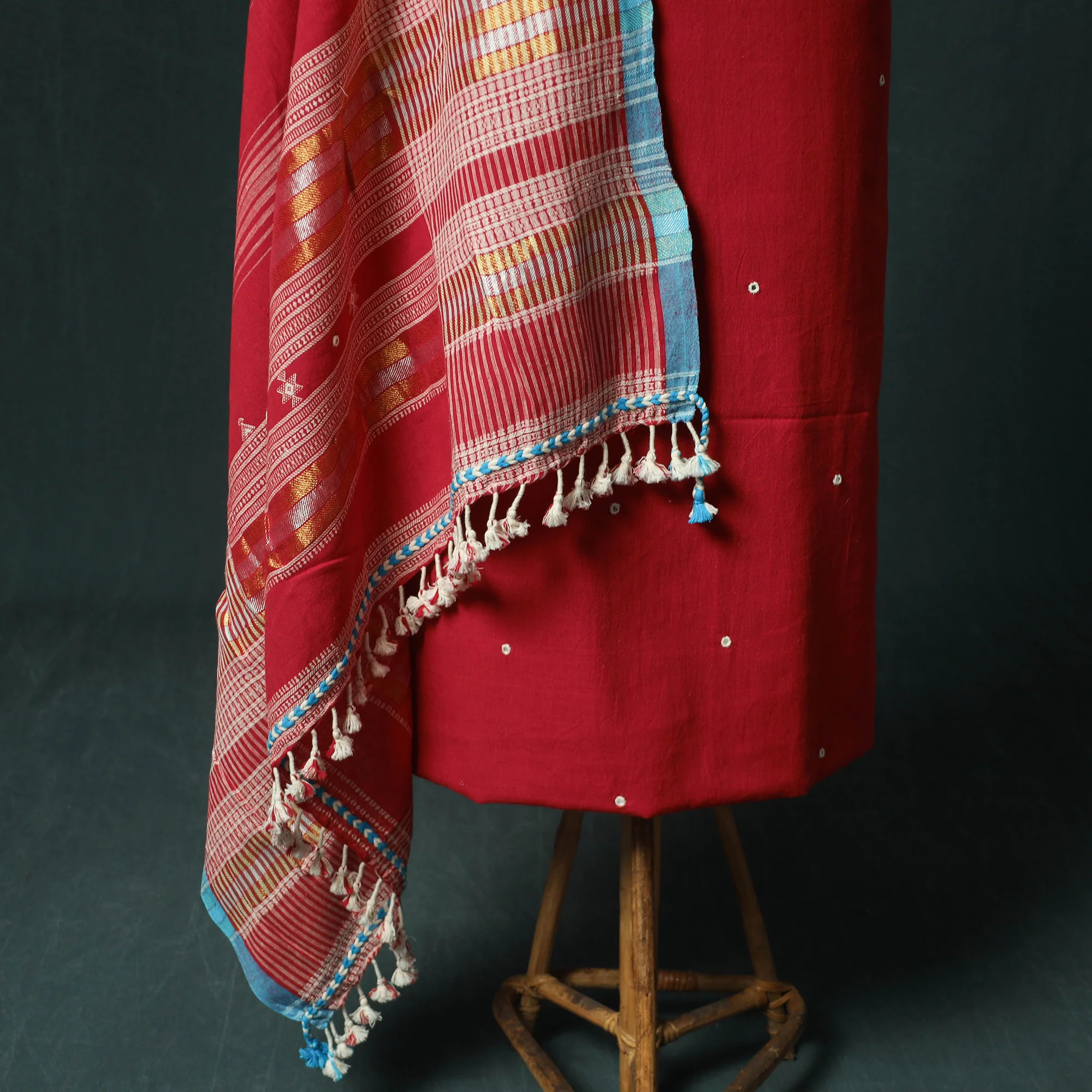 Red - Kutch Bhujodi Handloom Kala Cotton 3pc Unstitched Dress Material Suit Set 07 - Image 4