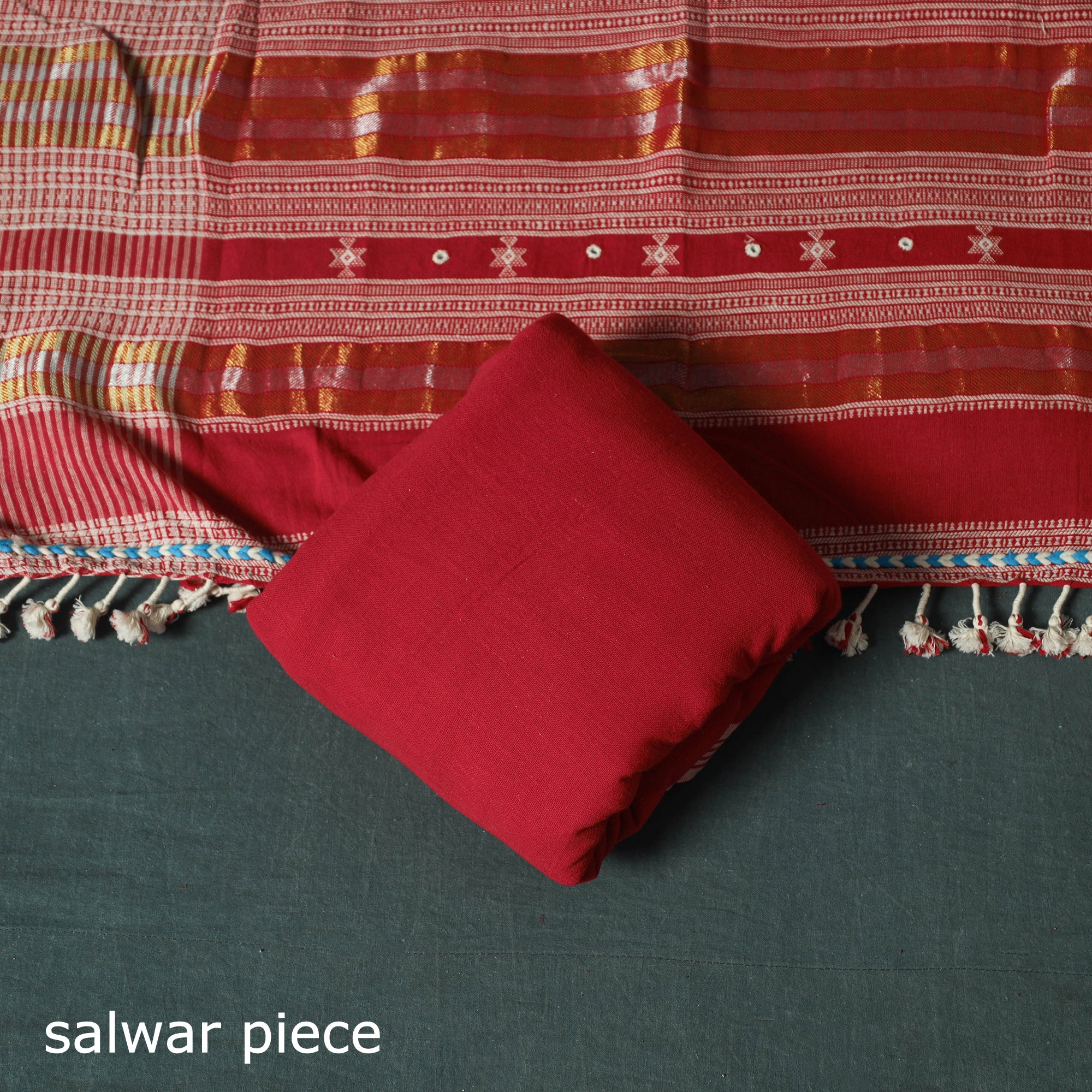 Red - Kutch Bhujodi Handloom Kala Cotton 3pc Unstitched Dress Material Suit Set 07 - Image 5