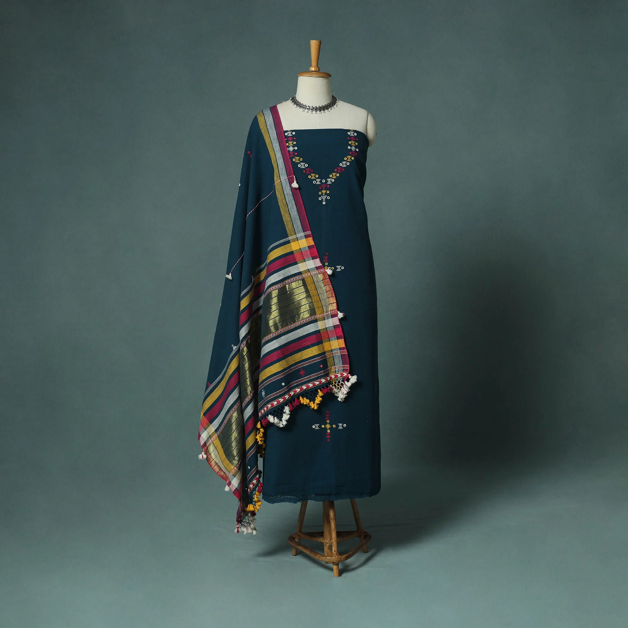 Kutch Bhujodi Handloom Kala Cotton 3pc Unstitched Dress Material Suit Set 07