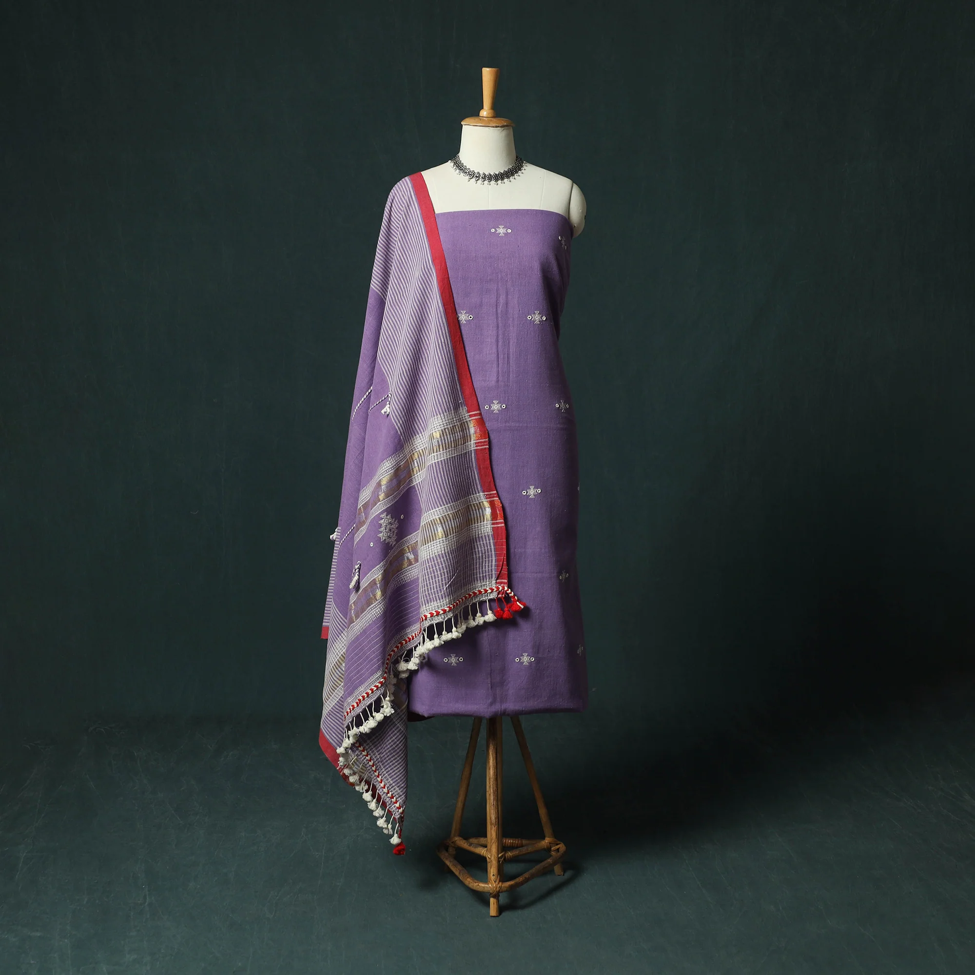 Purple - Kutch Bhujodi Handloom Kala Cotton 3pc Unstitched Dress Material Suit Set 08