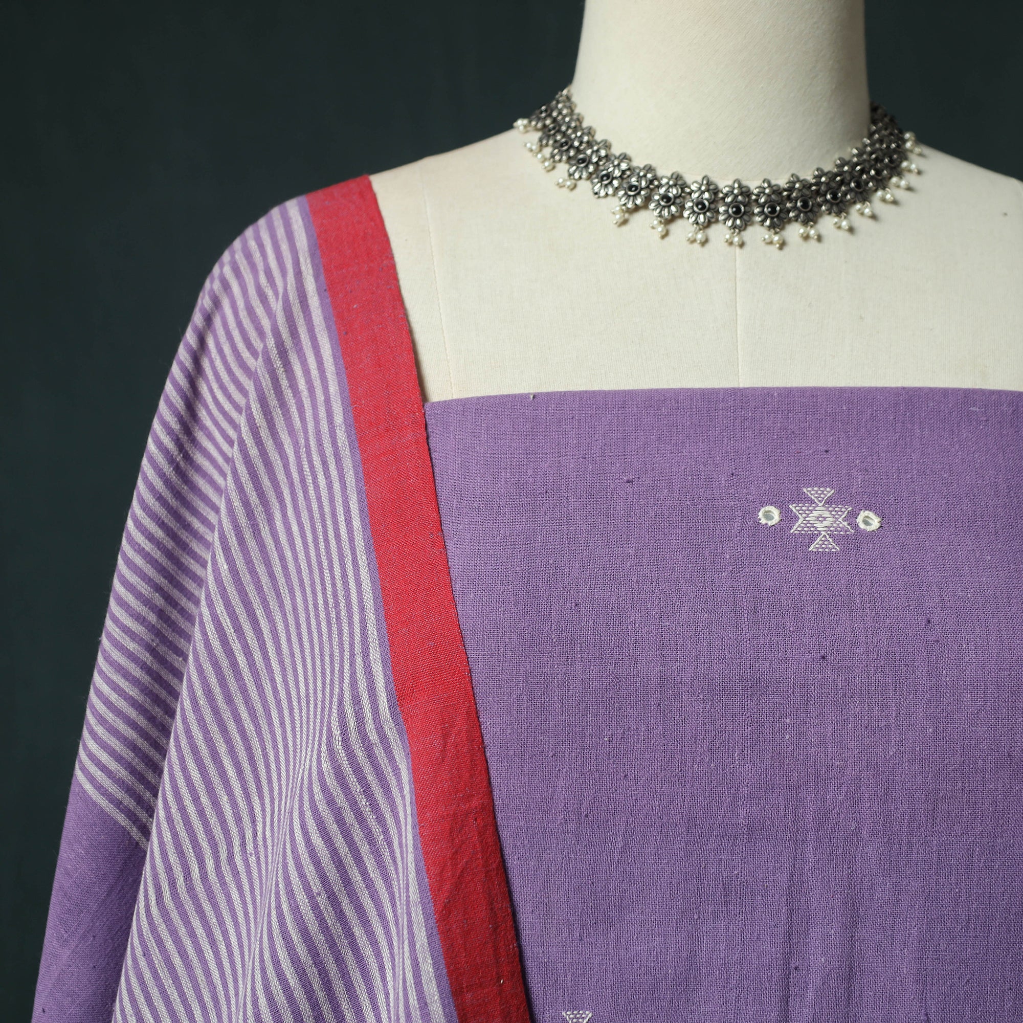 Purple - Kutch Bhujodi Handloom Kala Cotton 3pc Unstitched Dress Material Suit Set 08 - Image 3