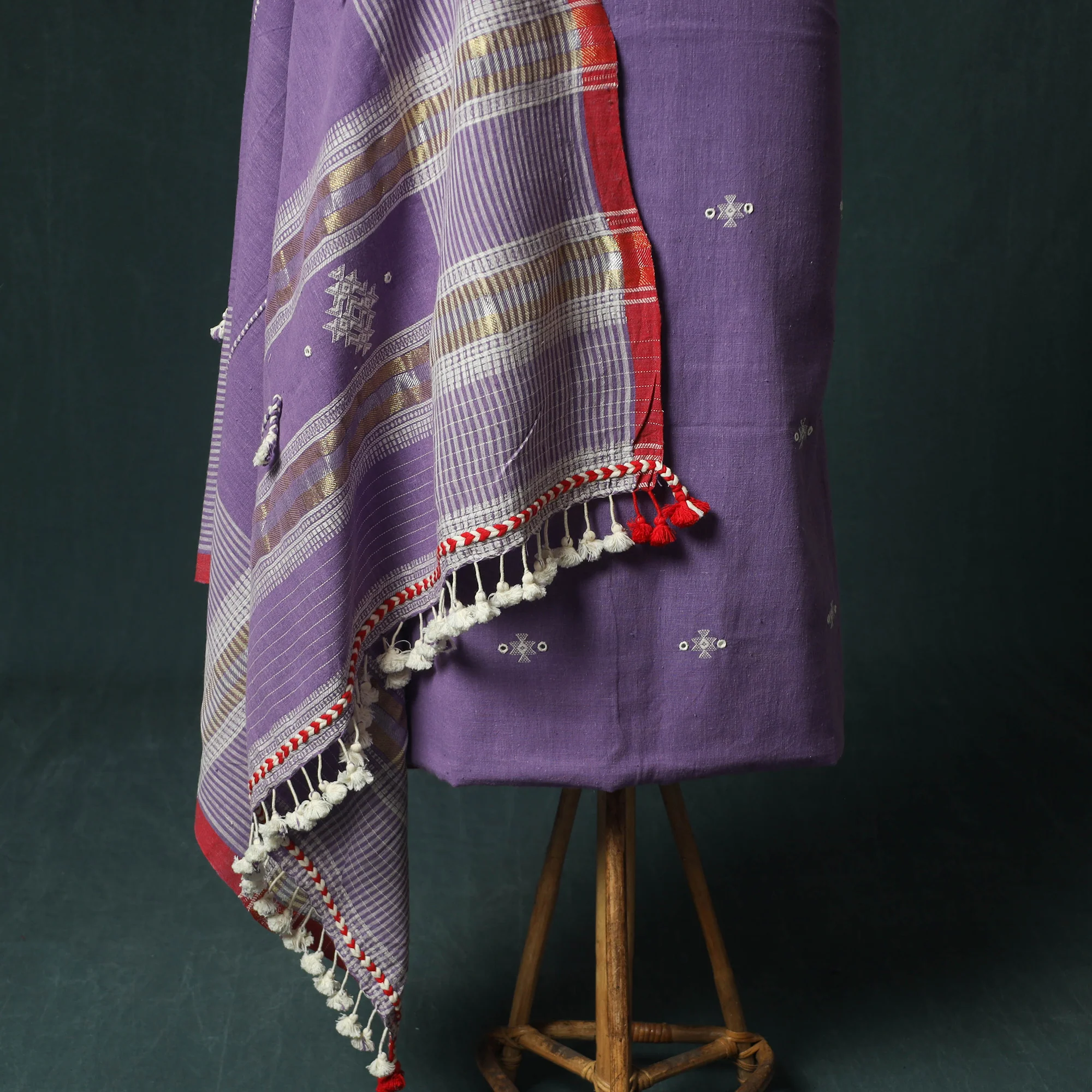 Purple - Kutch Bhujodi Handloom Kala Cotton 3pc Unstitched Dress Material Suit Set 08 - Image 4