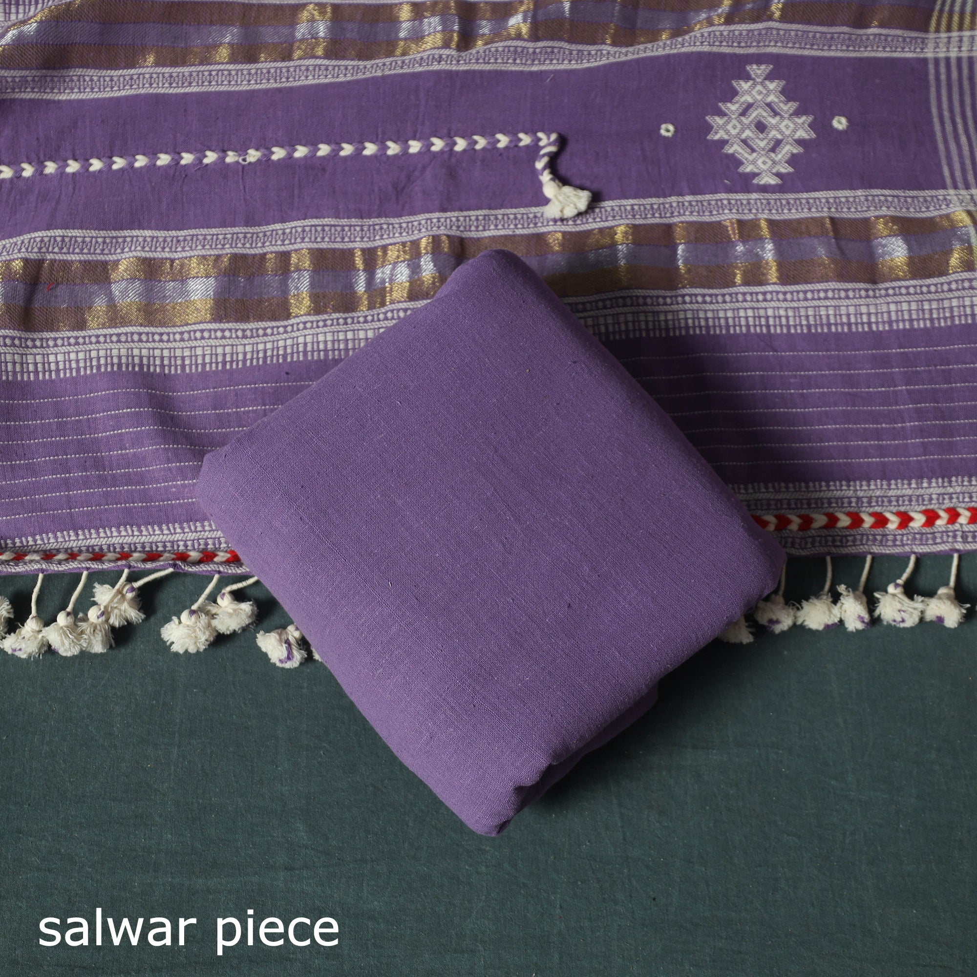 Purple - Kutch Bhujodi Handloom Kala Cotton 3pc Unstitched Dress Material Suit Set 08 - Image 5
