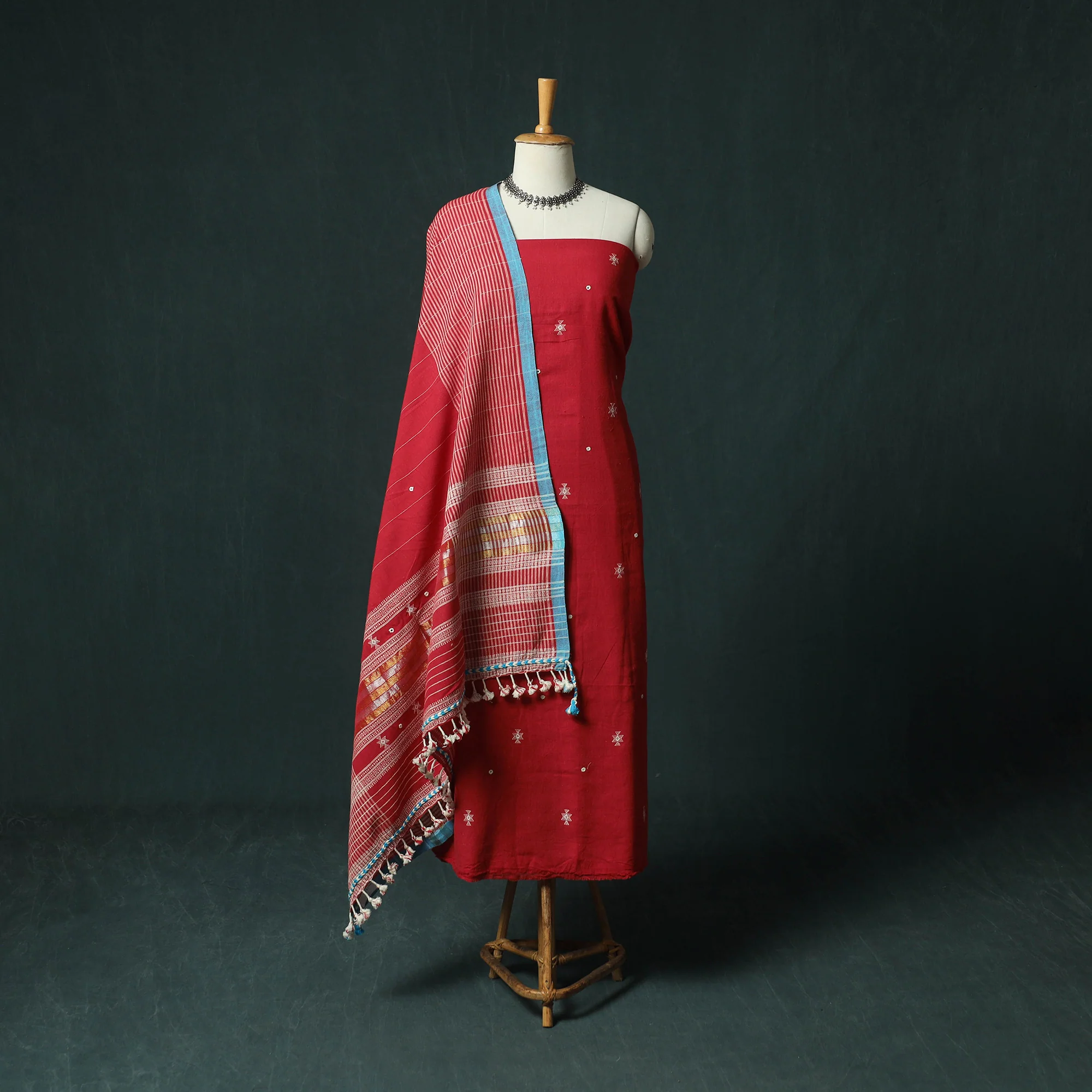 Red - Kutch Bhujodi Handloom Kala Cotton 3pc Unstitched Dress Material Suit Set 09
