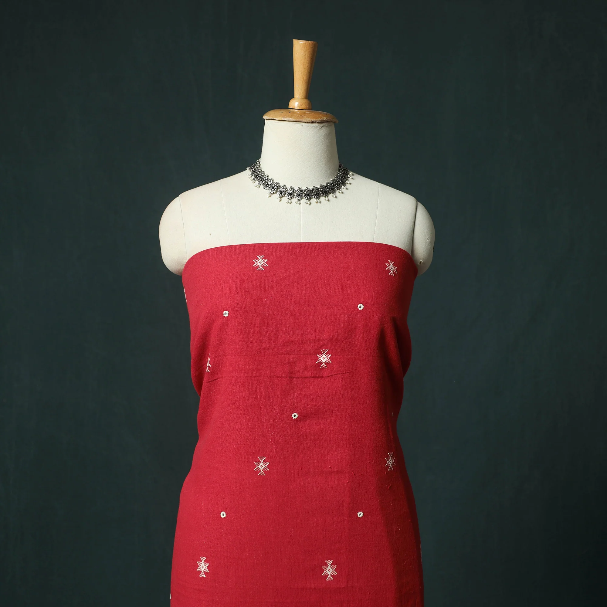 Red - Kutch Bhujodi Handloom Kala Cotton 3pc Unstitched Dress Material Suit Set 09 - Image 2