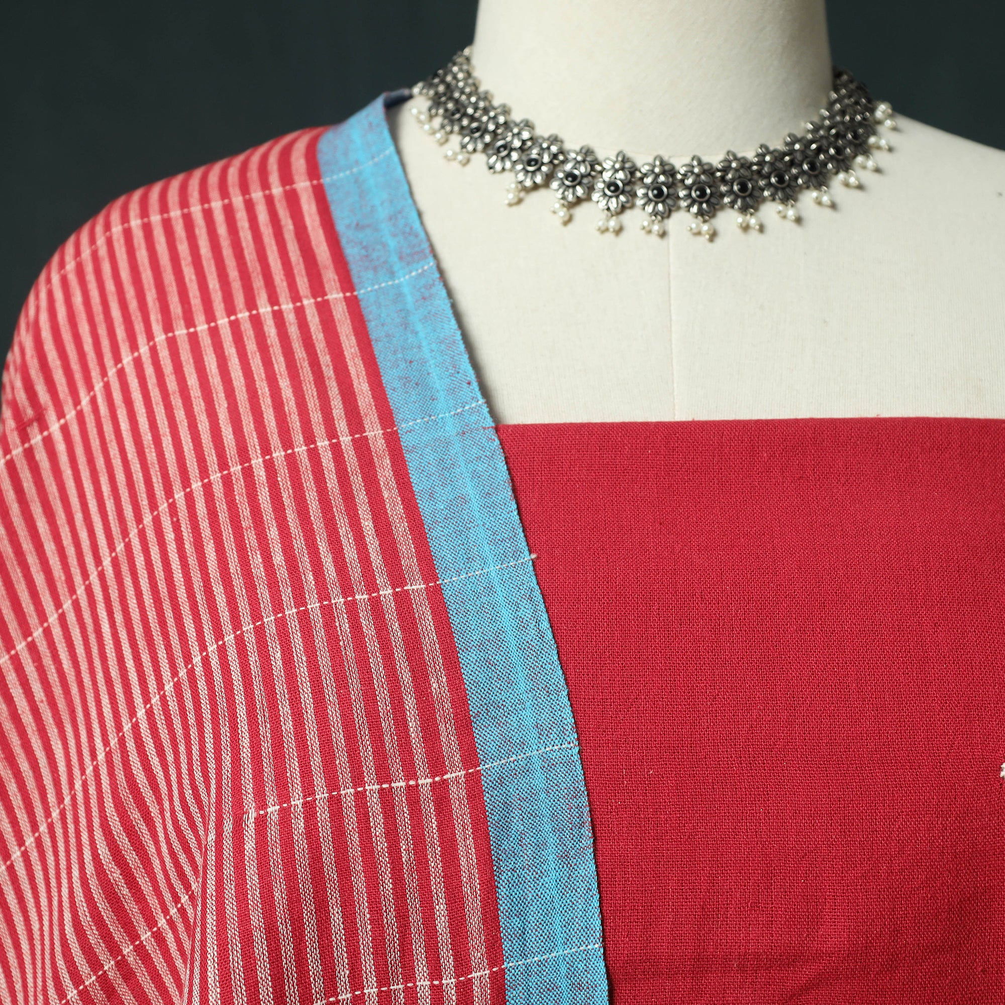 Red - Kutch Bhujodi Handloom Kala Cotton 3pc Unstitched Dress Material Suit Set 09 - Image 3