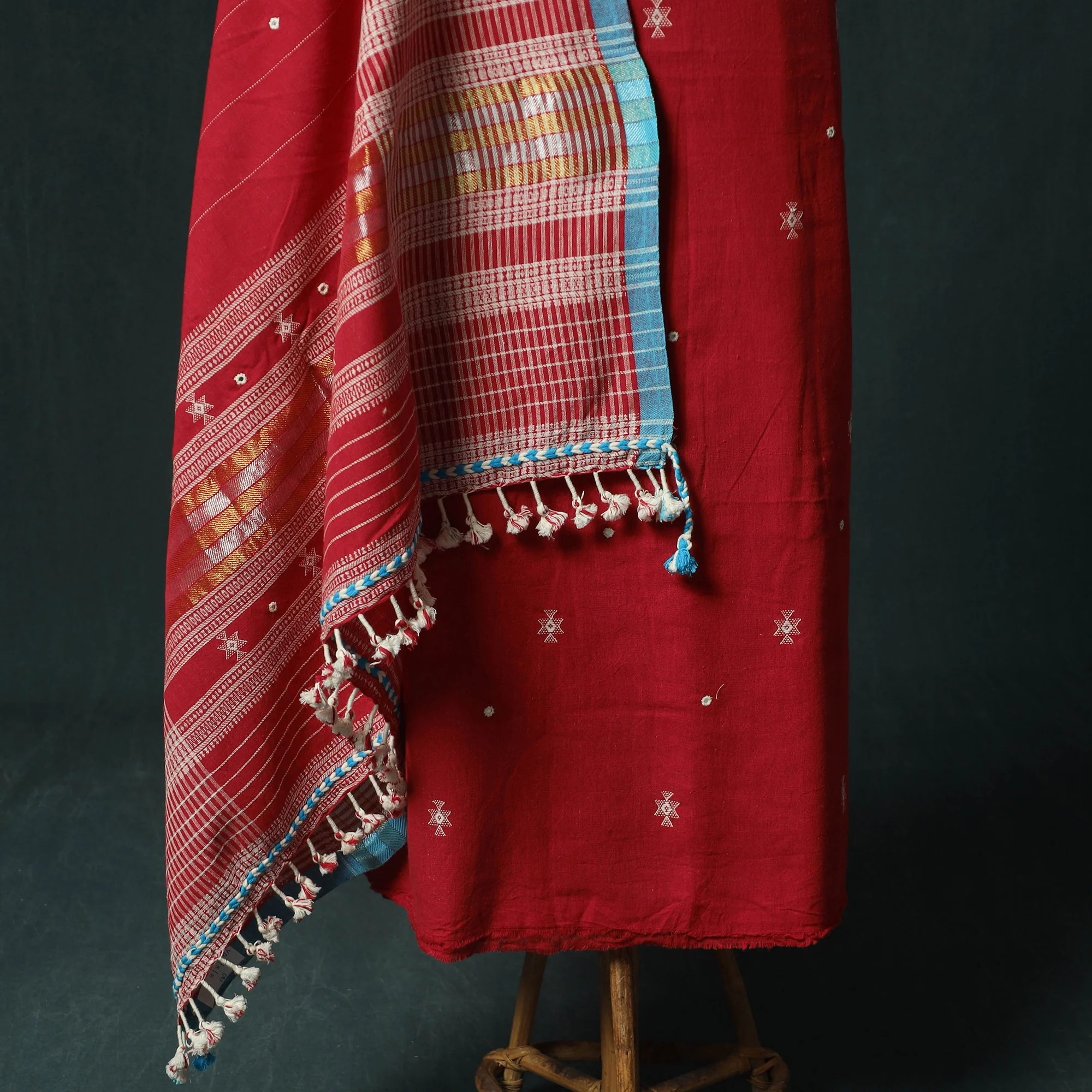 Red - Kutch Bhujodi Handloom Kala Cotton 3pc Unstitched Dress Material Suit Set 09 - Image 4