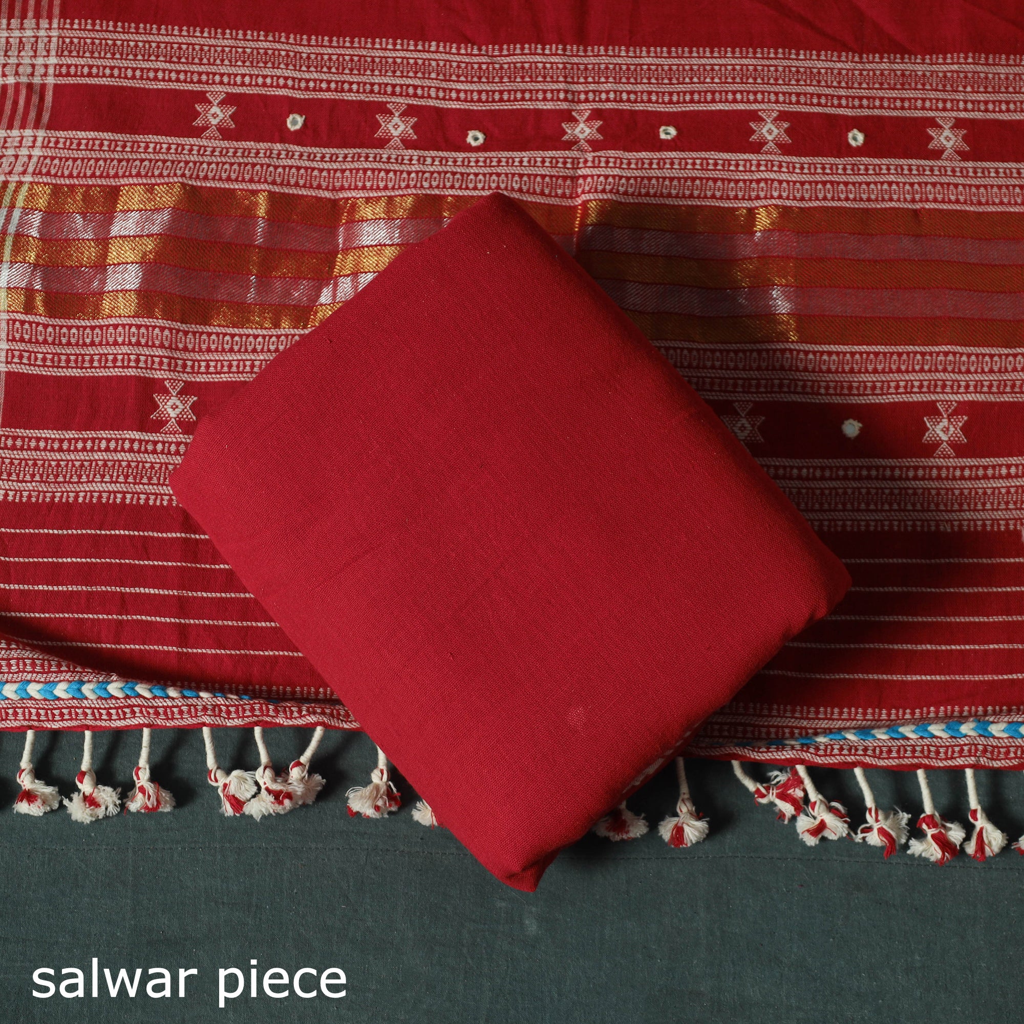Red - Kutch Bhujodi Handloom Kala Cotton 3pc Unstitched Dress Material Suit Set 09 - Image 5
