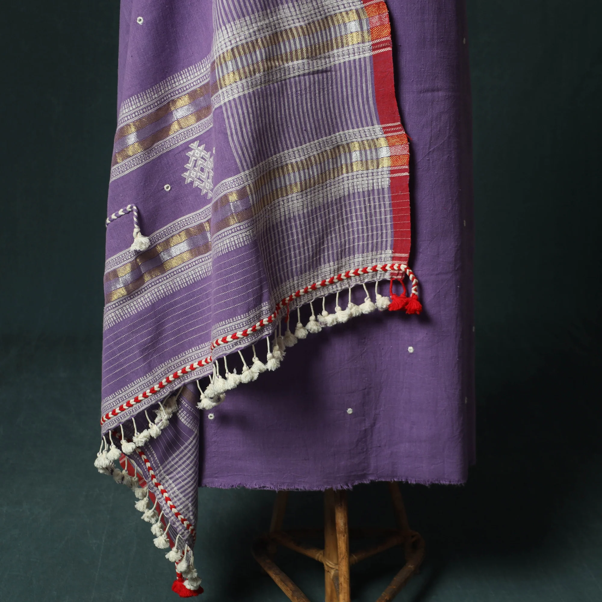 Purple - Kutch Bhujodi Handloom Kala Cotton 3pc Unstitched Dress Material Suit Set 10 - Image 4
