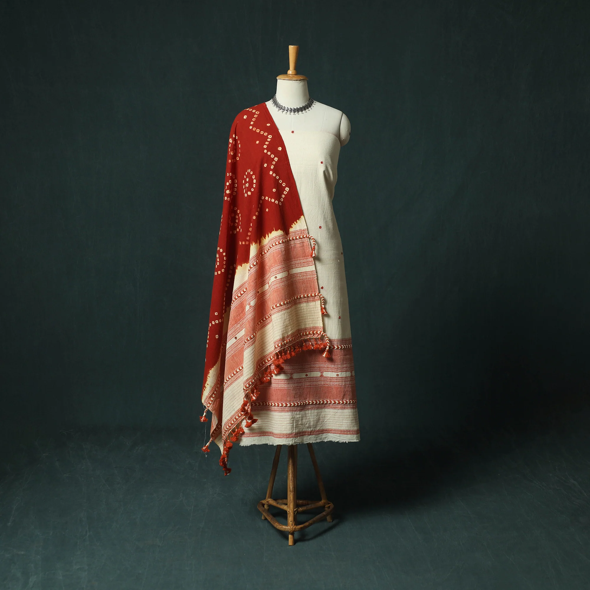 White - Kutch Bhujodi Handloom Kala Cotton Mirror Work 3pc Unstitched Dress Material Suit Set 01