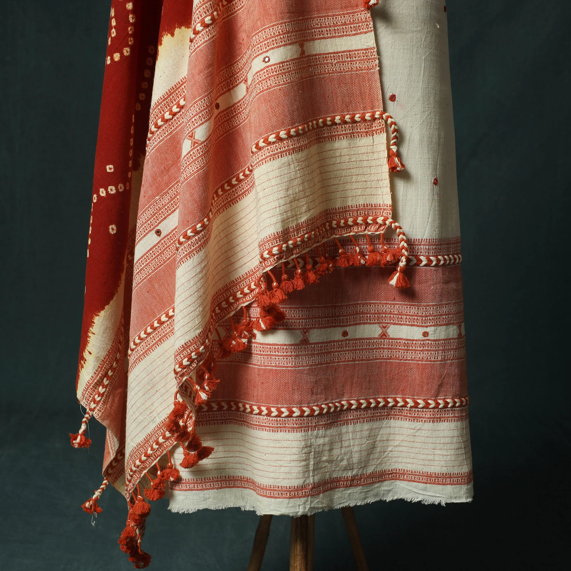 White - Kutch Bhujodi Handloom Kala Cotton Mirror Work 3pc Unstitched Dress Material Suit Set 01 - Image 4