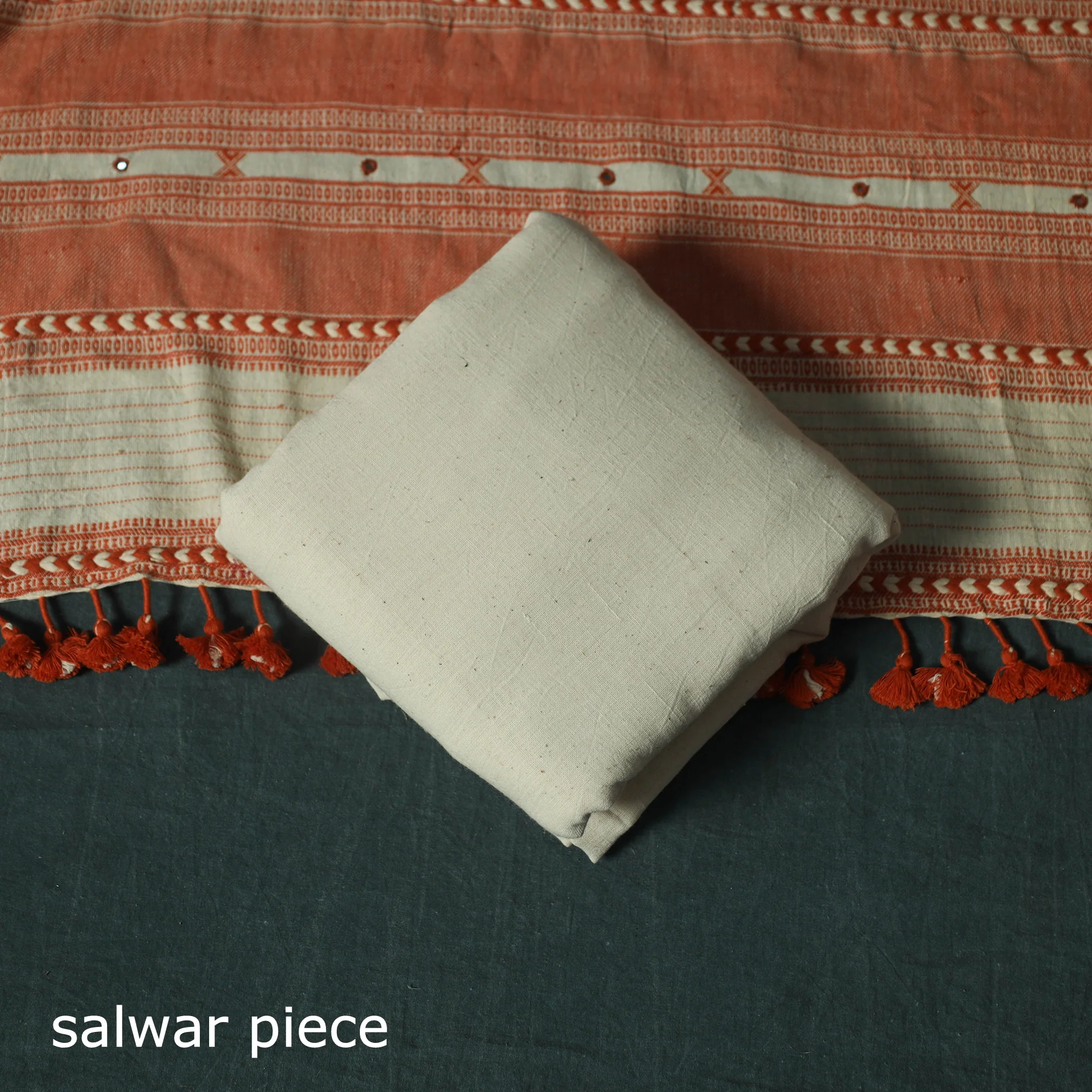 White - Kutch Bhujodi Handloom Kala Cotton Mirror Work 3pc Unstitched Dress Material Suit Set 01 - Image 5