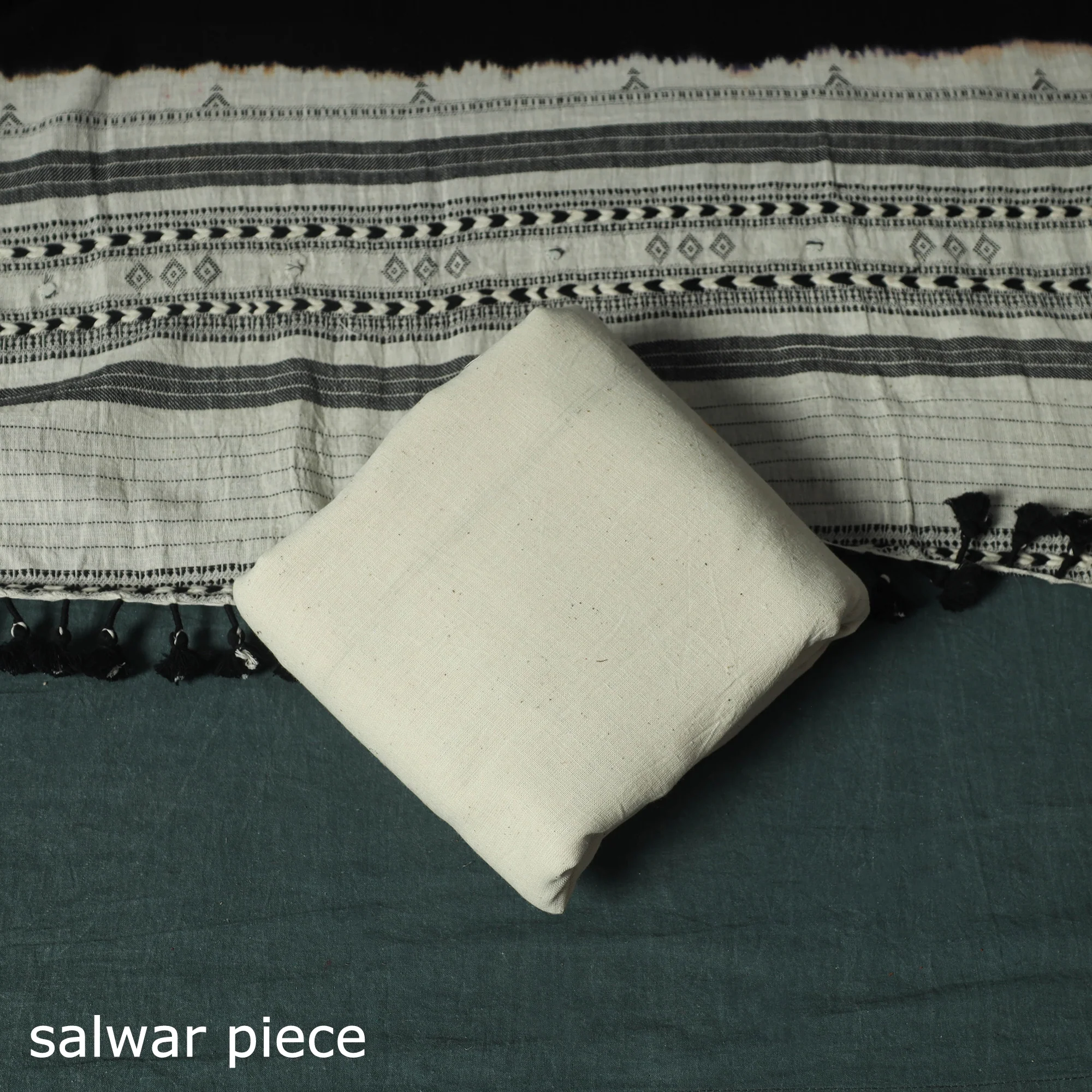 White - Kutch Bhujodi Handloom Kala Cotton Mirror Work 3pc Unstitched Dress Material Suit Set 02 - Image 5