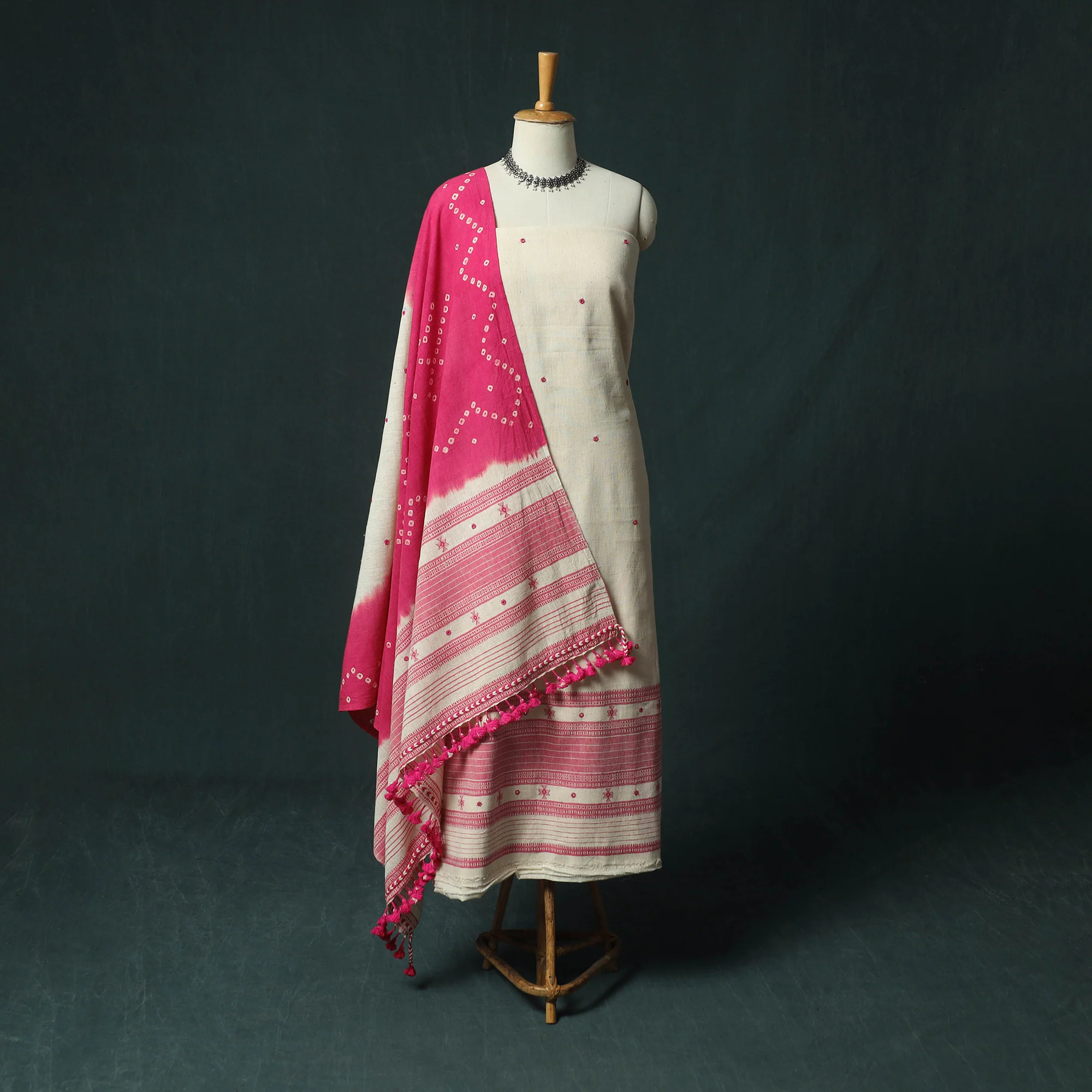 White - Kutch Bhujodi Handloom Kala Cotton Mirror Work 3pc Unstitched Dress Material Suit Set 03
