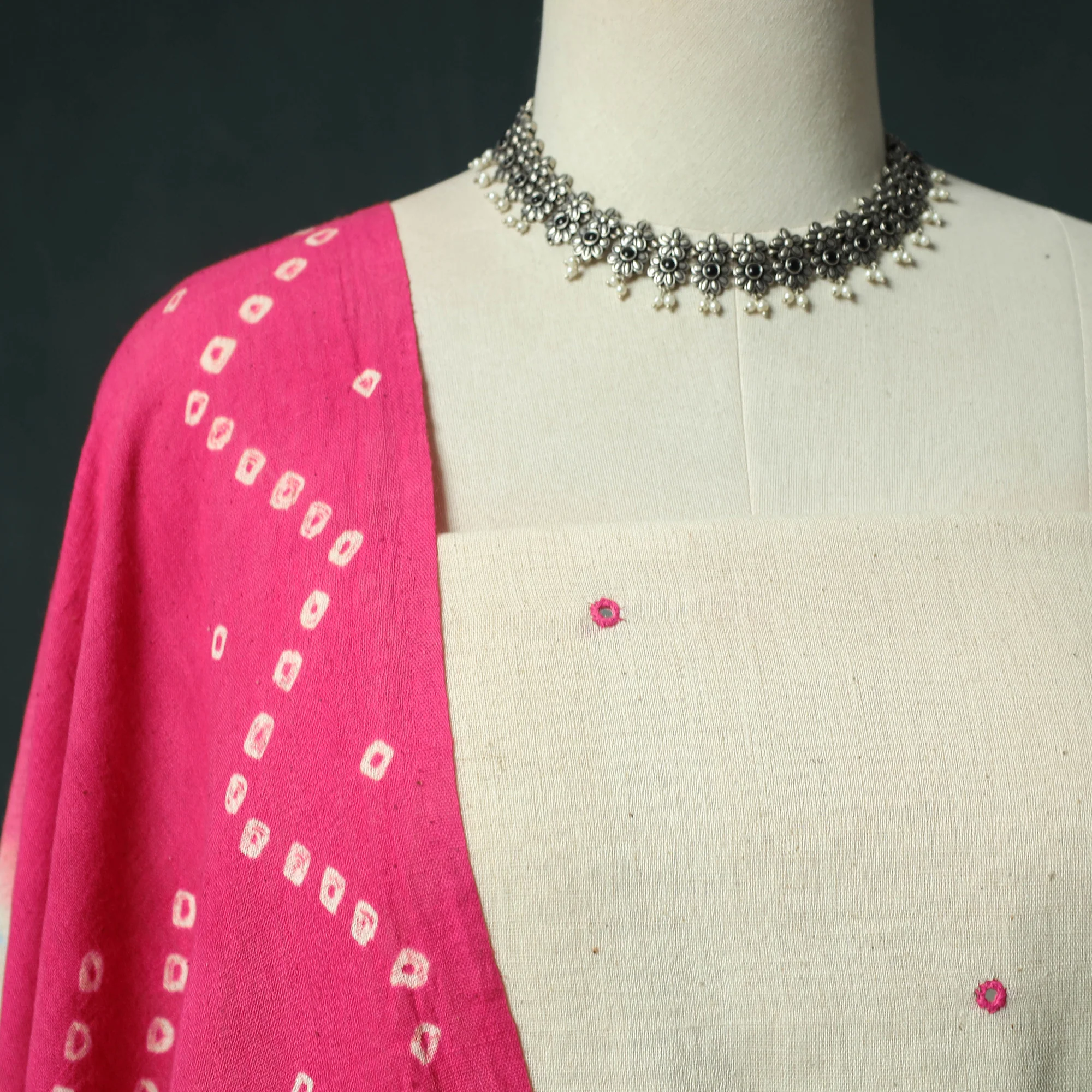 White - Kutch Bhujodi Handloom Kala Cotton Mirror Work 3pc Unstitched Dress Material Suit Set 03 - Image 3