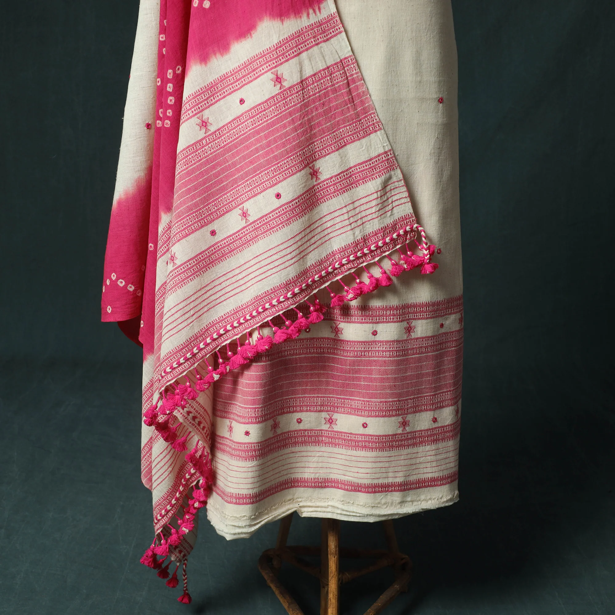 White - Kutch Bhujodi Handloom Kala Cotton Mirror Work 3pc Unstitched Dress Material Suit Set 03 - Image 4