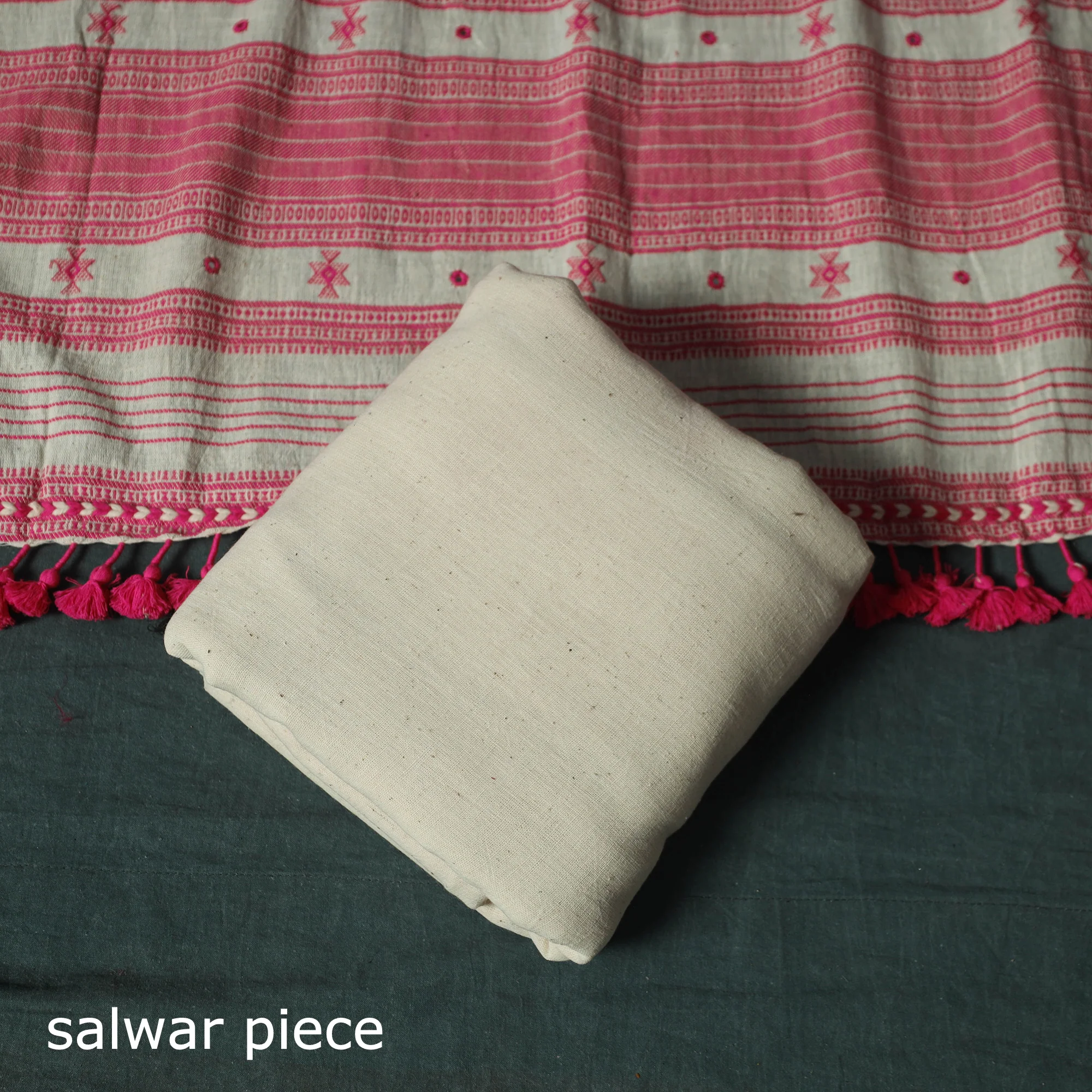 White - Kutch Bhujodi Handloom Kala Cotton Mirror Work 3pc Unstitched Dress Material Suit Set 03 - Image 5