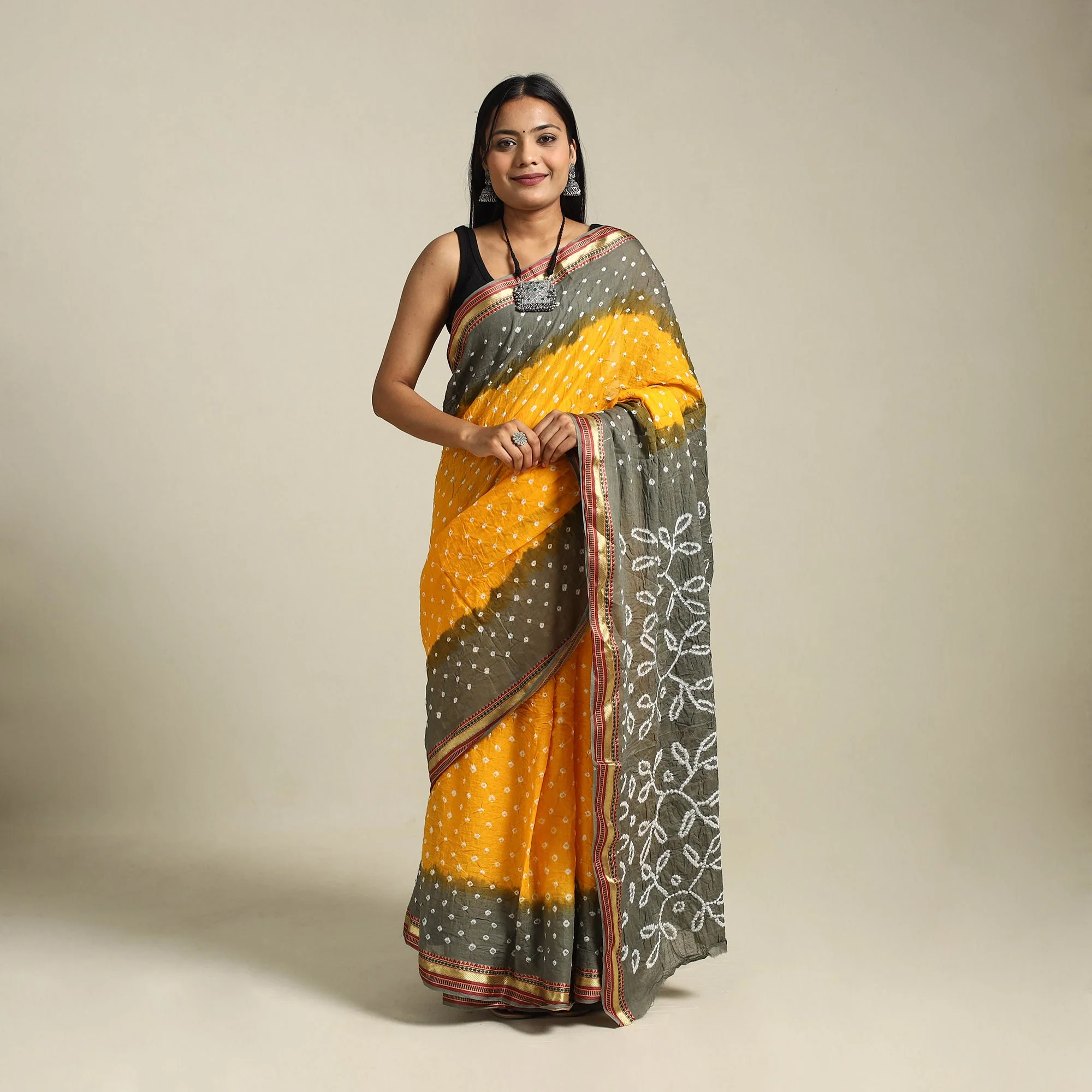 Yellow - Kutch Tie-Dye Cotton Bandhani Saree 10
