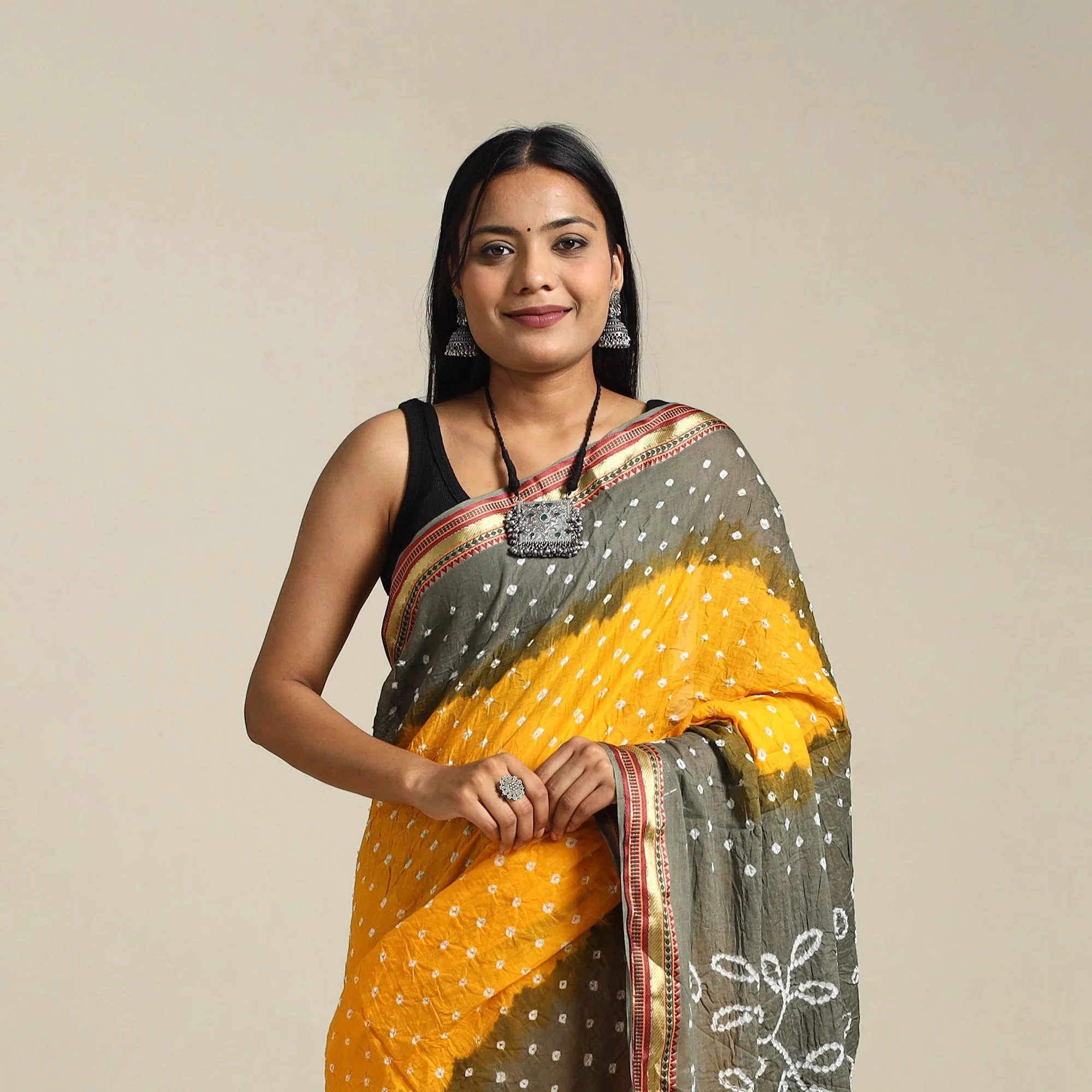 Yellow - Kutch Tie-Dye Cotton Bandhani Saree 10 - Image 3