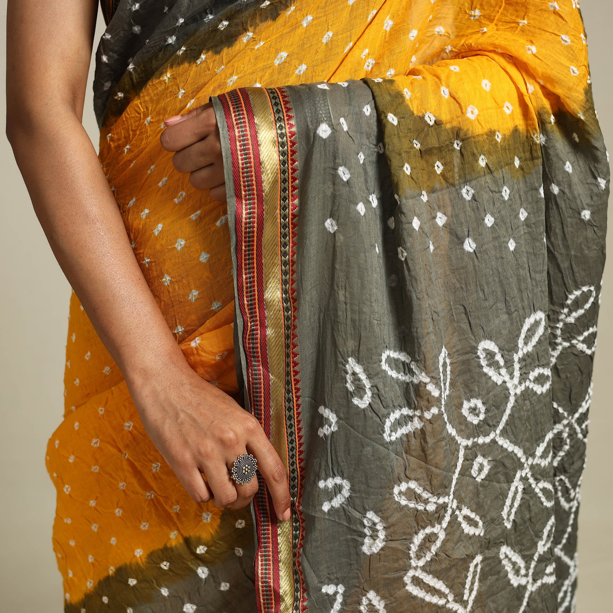 Yellow - Kutch Tie-Dye Cotton Bandhani Saree 10 - Image 5